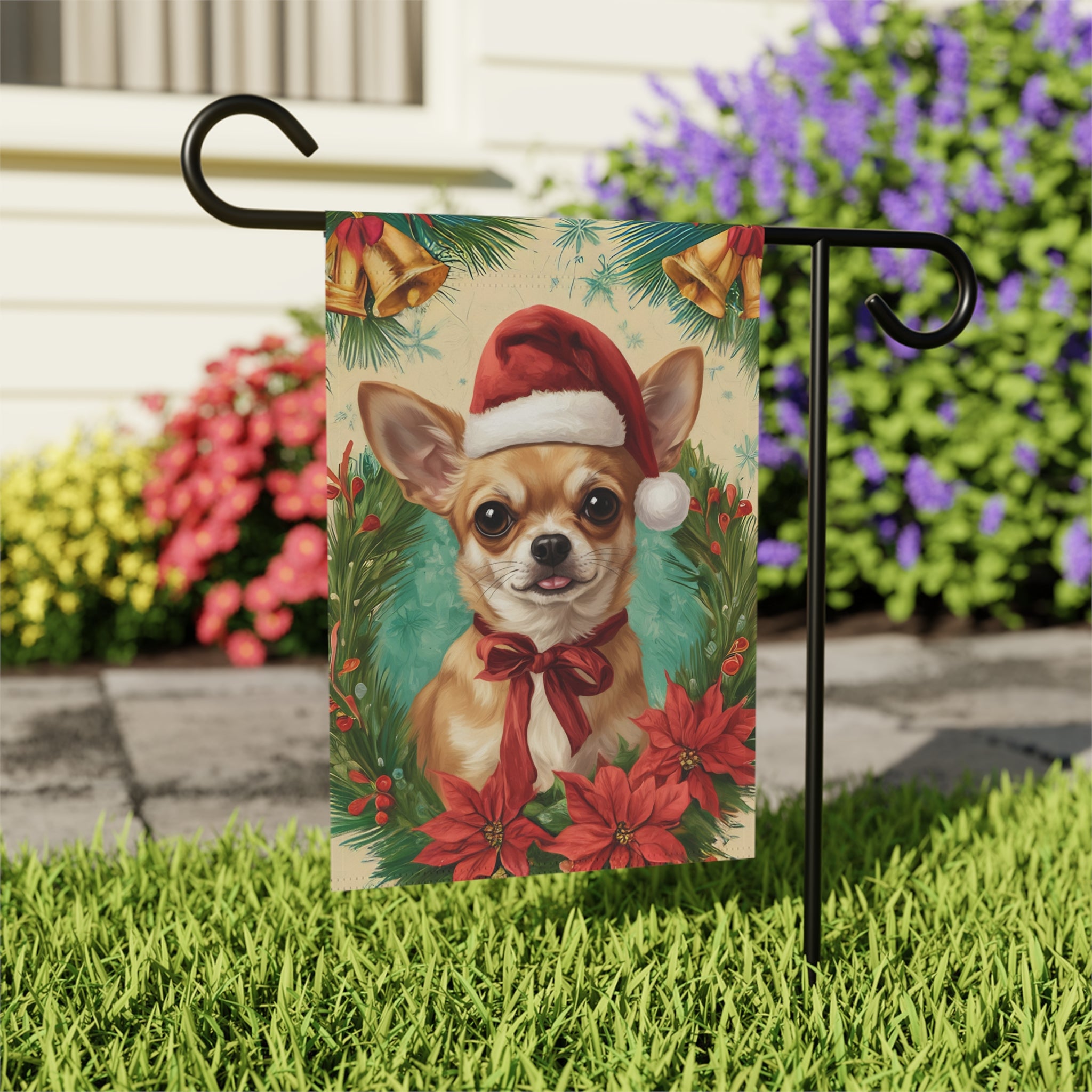 Santa Hat and Bow Christmas Chihuahua Garden Flag - outdoor display - Dragonfire Gardens