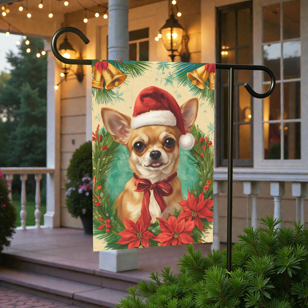 Santa Hat and Bow Christmas Chihuahua Garden Flag - size comparison - Dragonfire Gardens