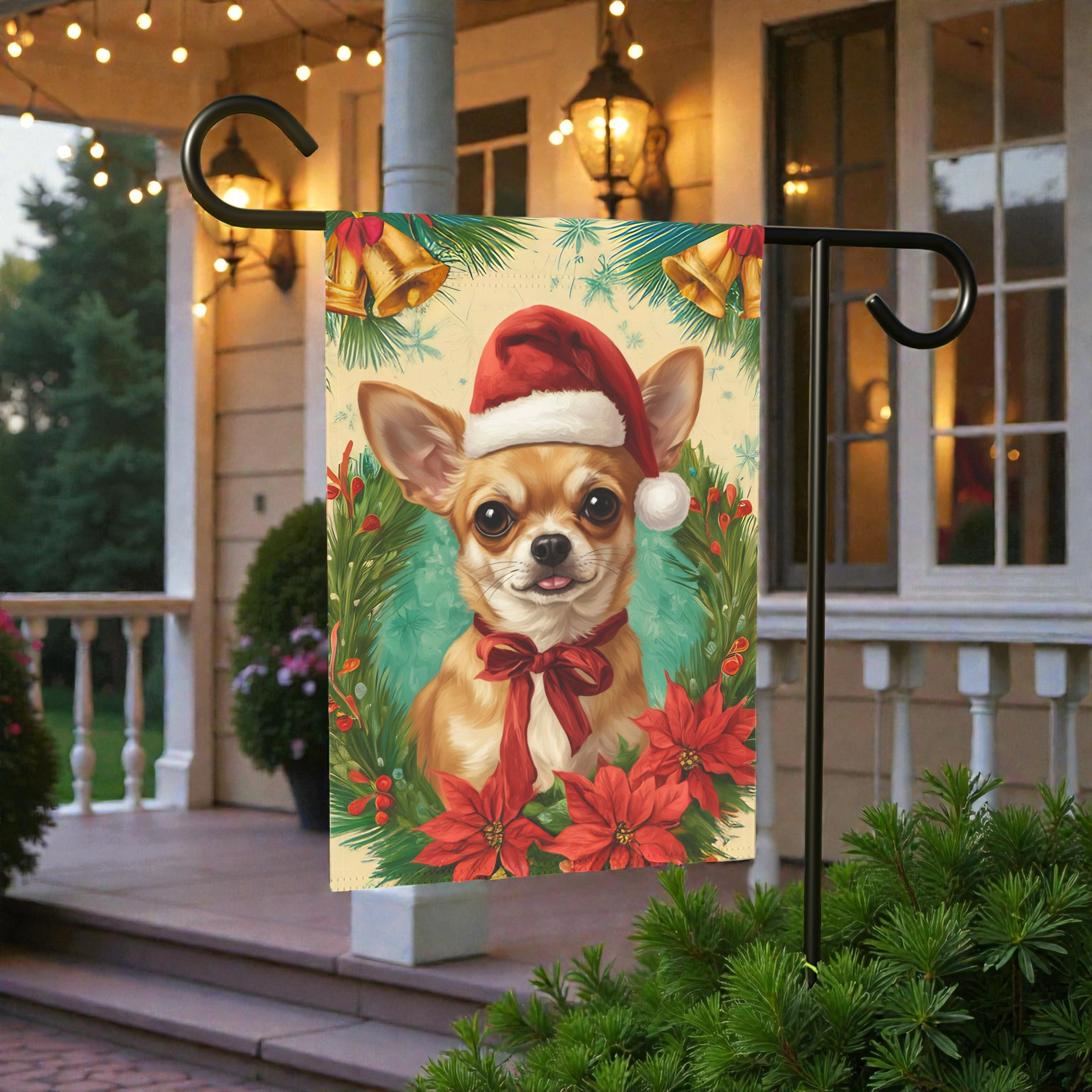 Santa Hat and Bow Christmas Chihuahua Garden Flag - size comparison - Dragonfire Gardens