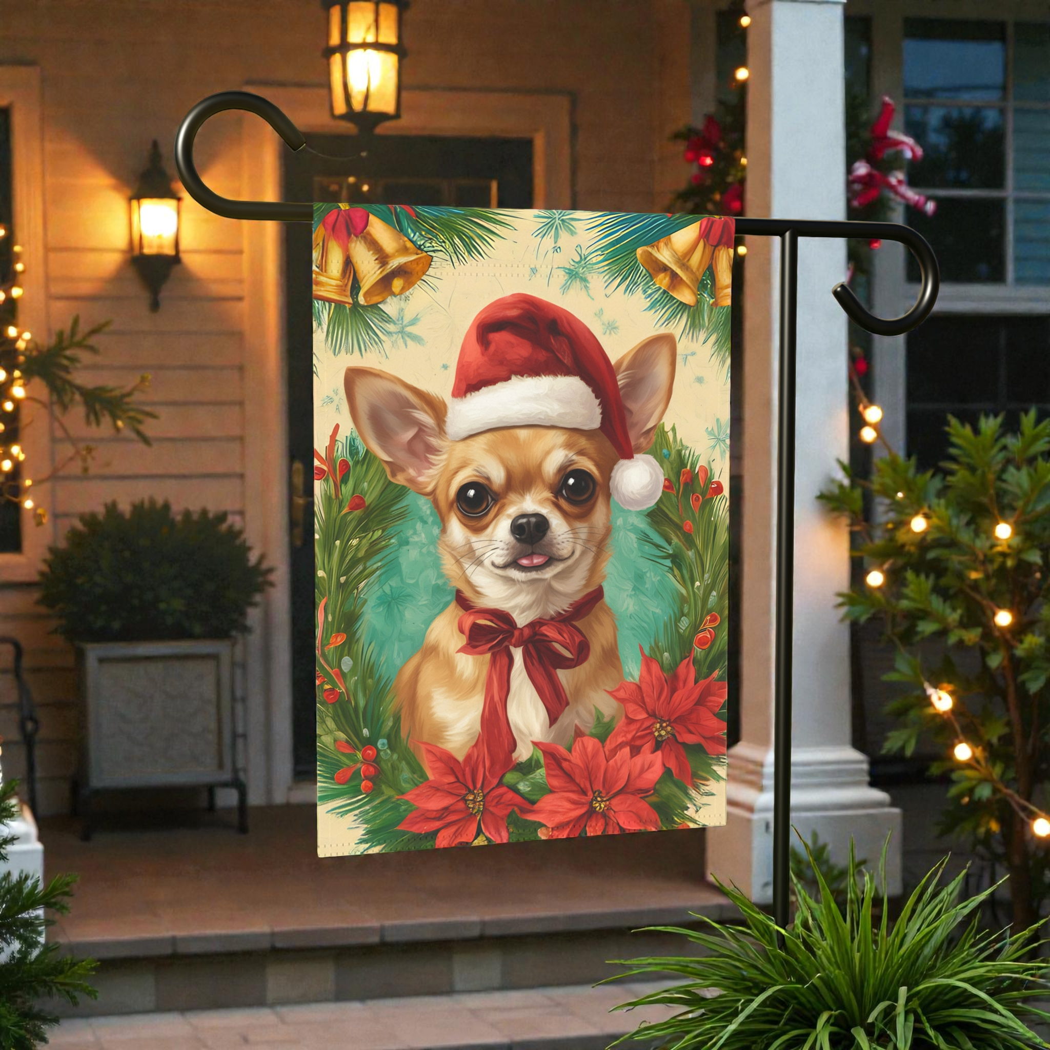 Santa Hat and Bow Christmas Chihuahua Garden Flag - front view - Dragonfire Gardens