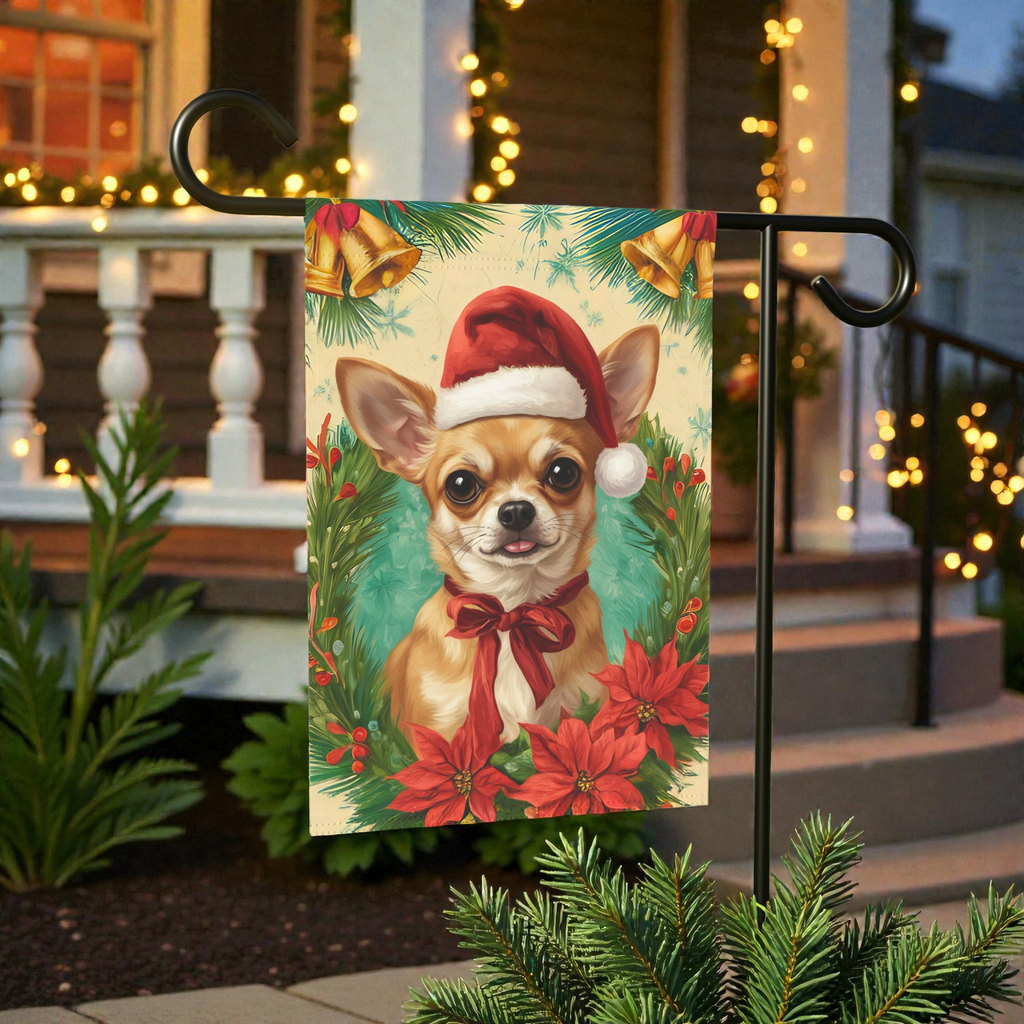 Santa Hat and Bow Christmas Chihuahua Garden Flag - lifestyle display - Dragonfire Gardens