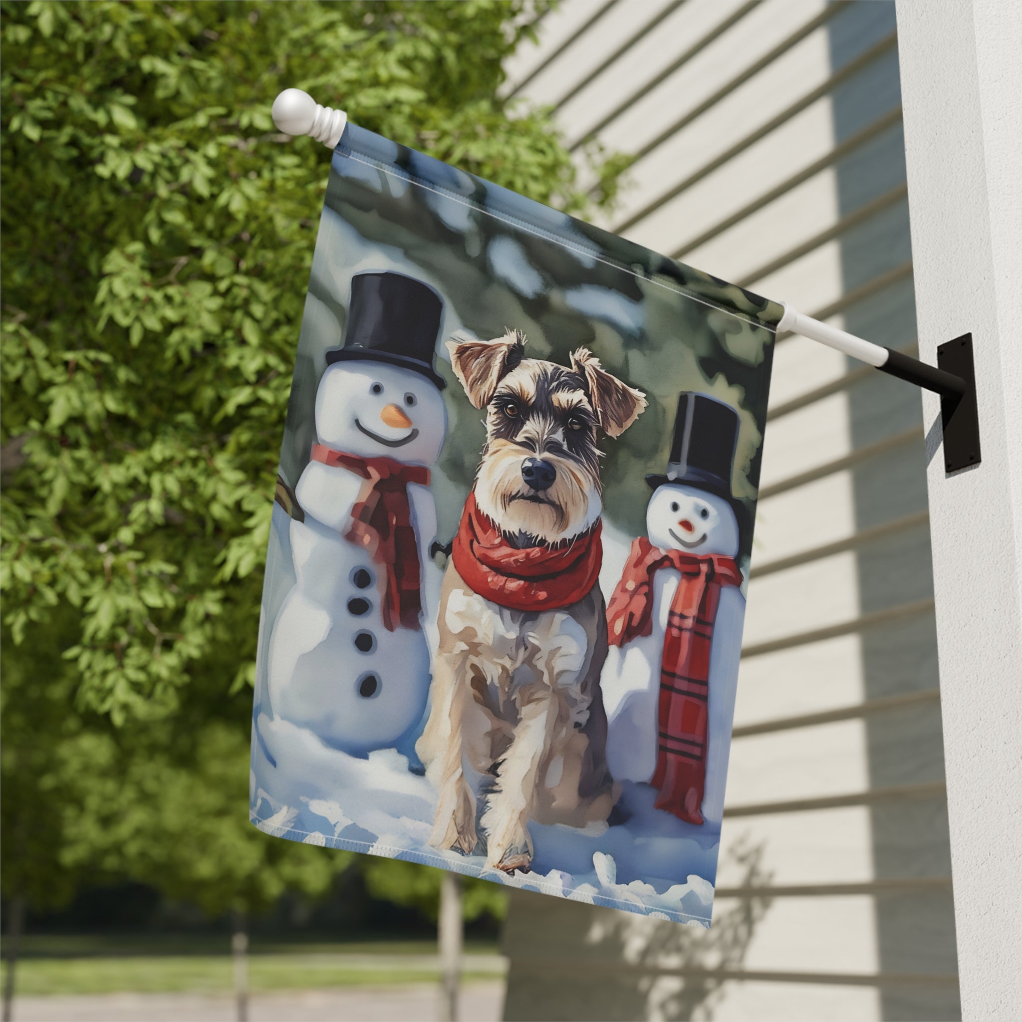 Schnauzer and Snowmen Winter Garden Flag - close-up detail - Dragonfire Gardens