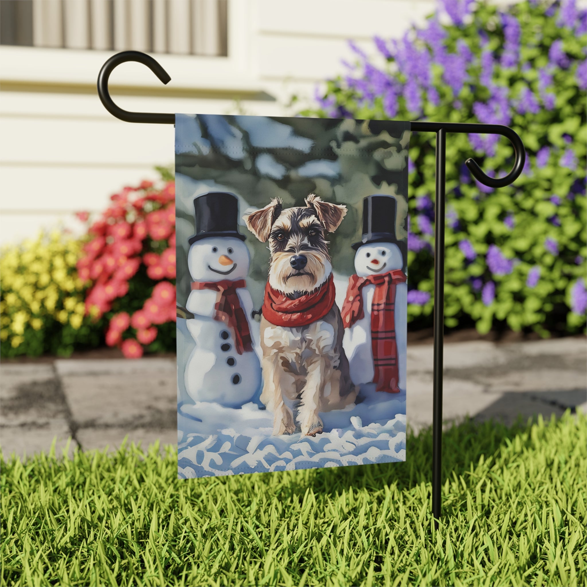 Schnauzer and Snowmen Winter Garden Flag - outdoor display - Dragonfire Gardens