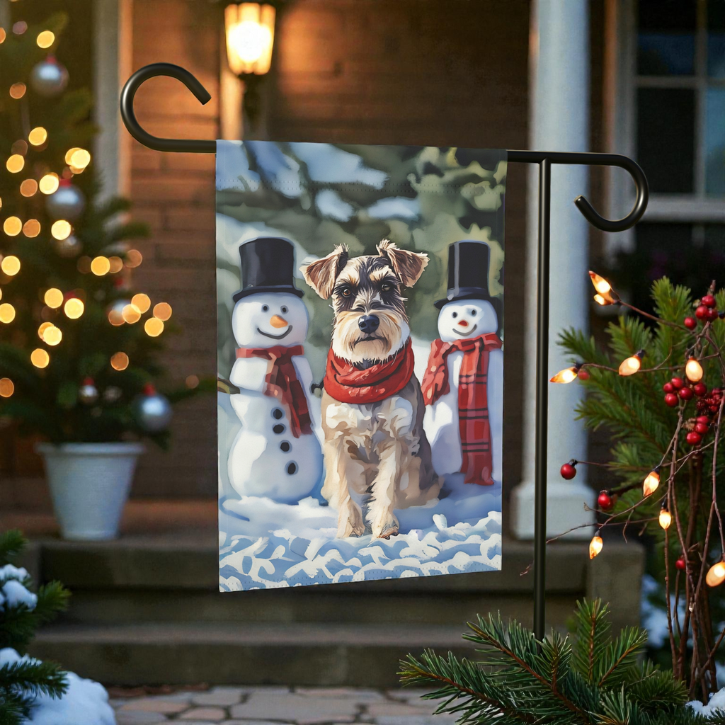Schnauzer and Snowmen Winter Garden Flag - lifestyle display - Dragonfire Gardens