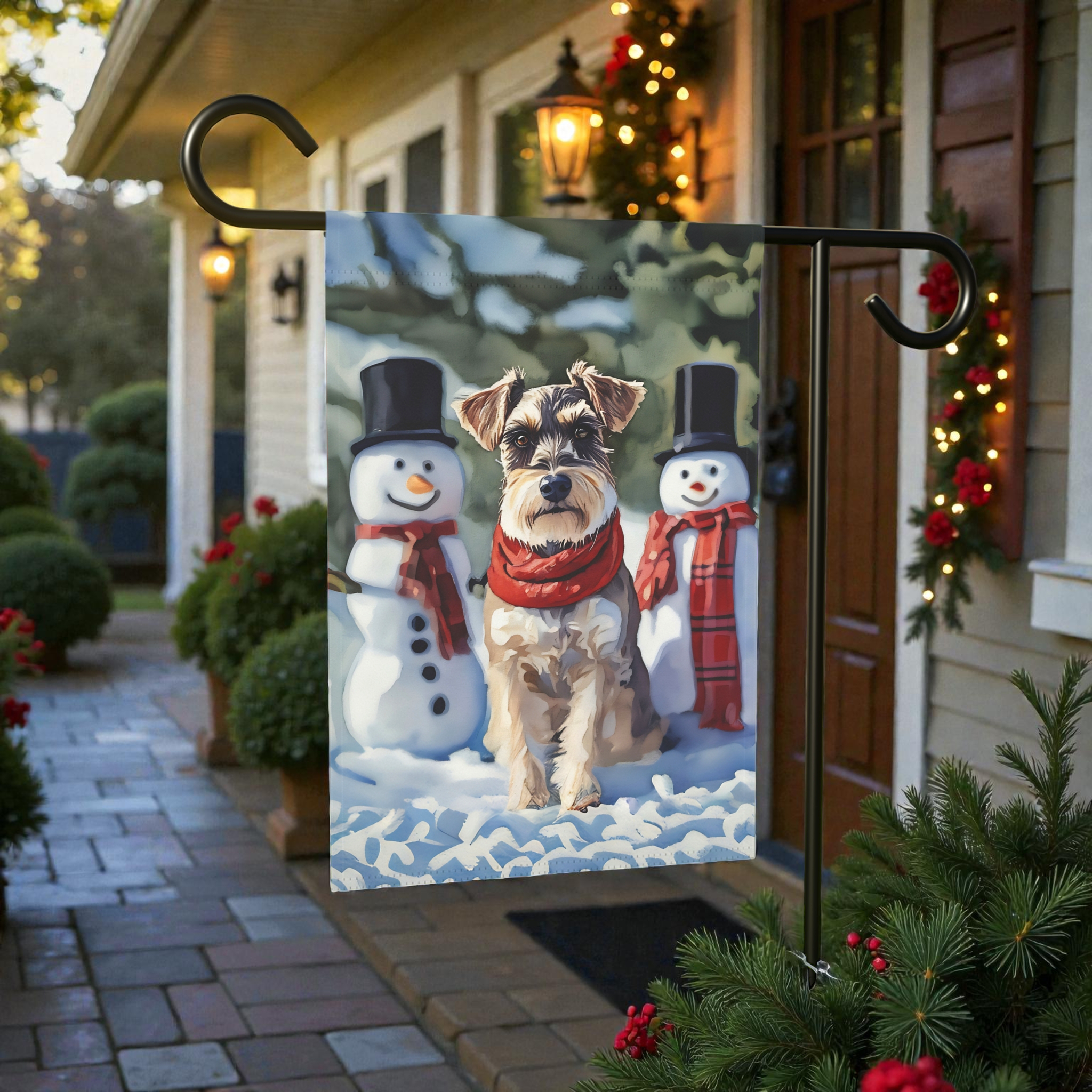 Schnauzer and Snowmen Winter Garden Flag - size comparison - Dragonfire Gardens