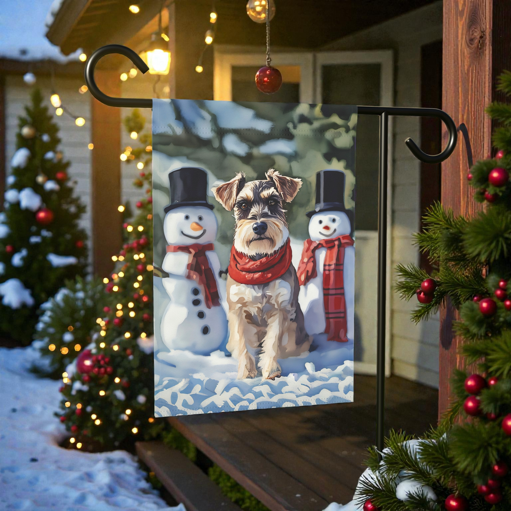 Schnauzer and Snowmen Winter Garden Flag - product detail - Dragonfire Gardens