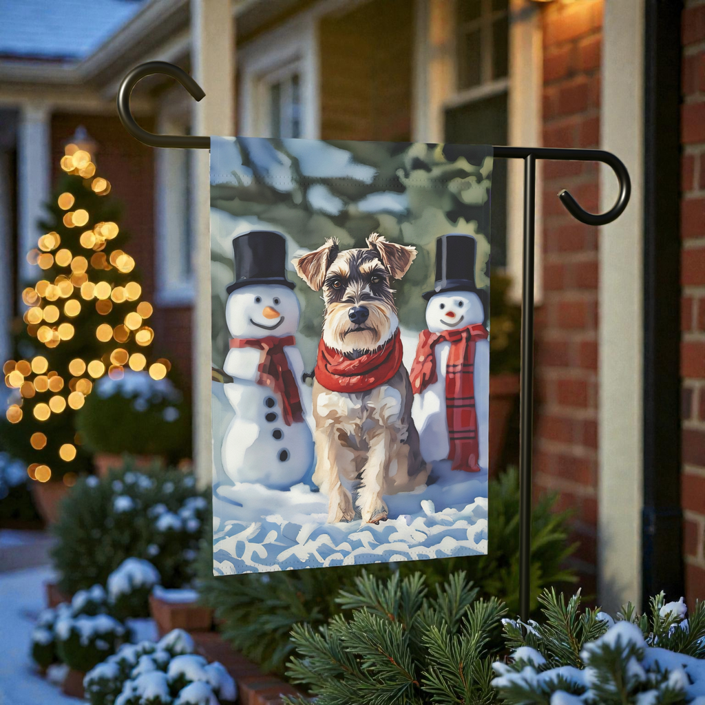 Schnauzer and Snowmen Winter Garden Flag - front view - Dragonfire Gardens