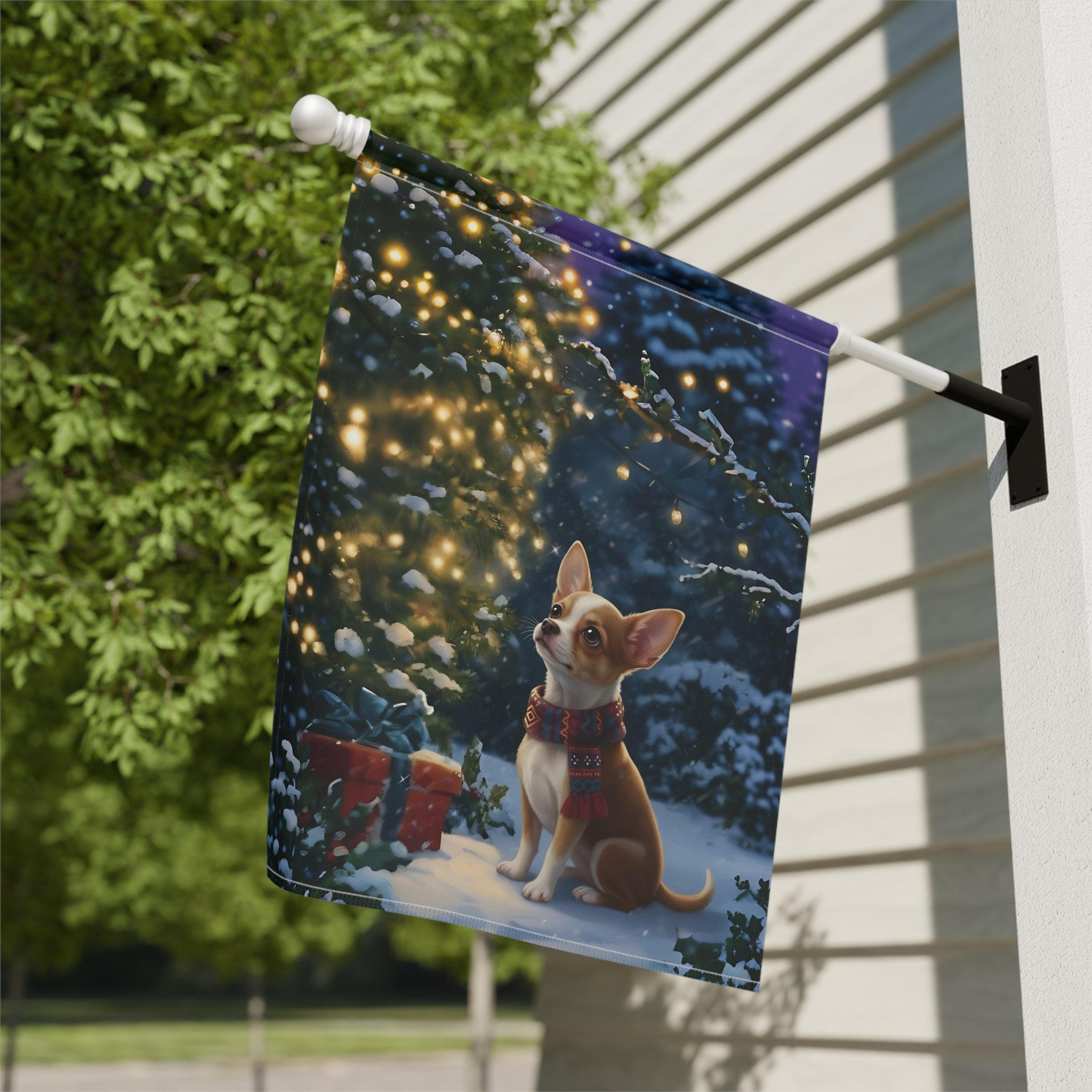 Standing By The Tree Chihuahua Garden Flag - close-up detail - Dragonfire Gardens