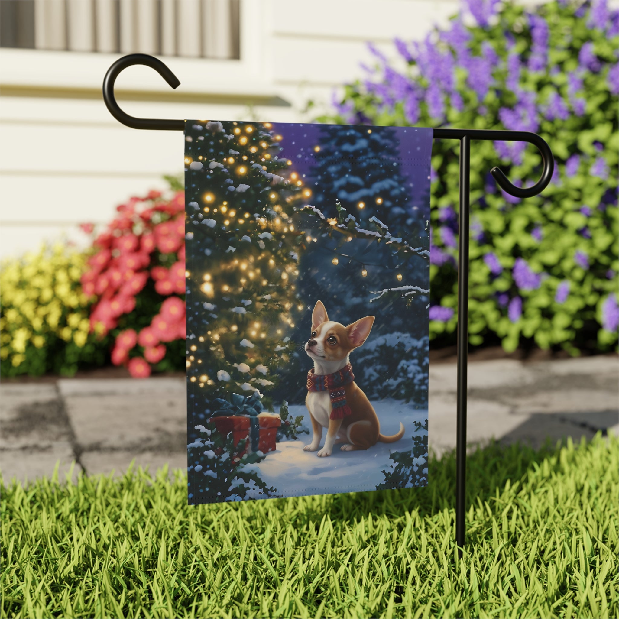 Standing By The Tree Chihuahua Garden Flag - outdoor display - Dragonfire Gardens