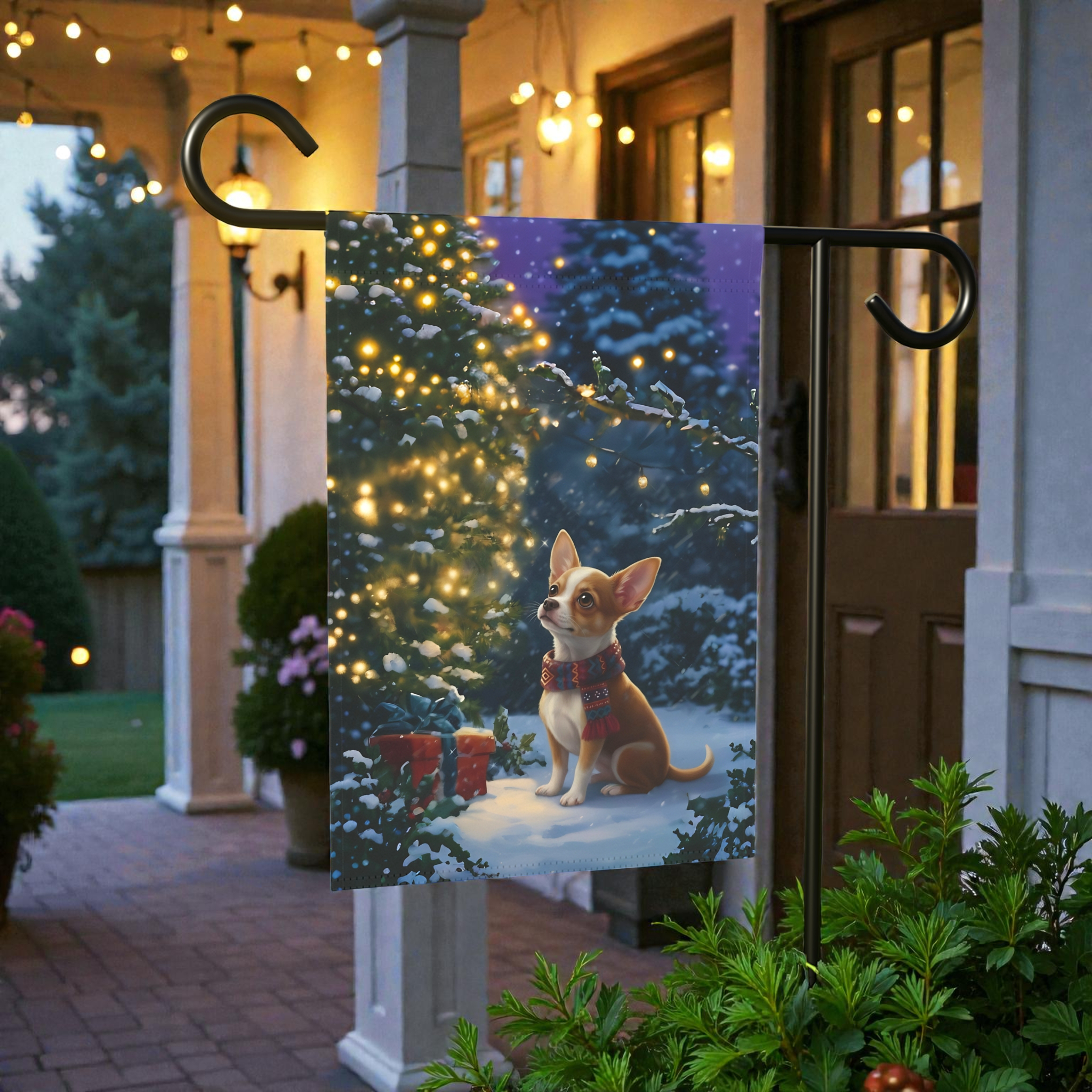 Standing By The Tree Chihuahua Garden Flag - size comparison - Dragonfire Gardens