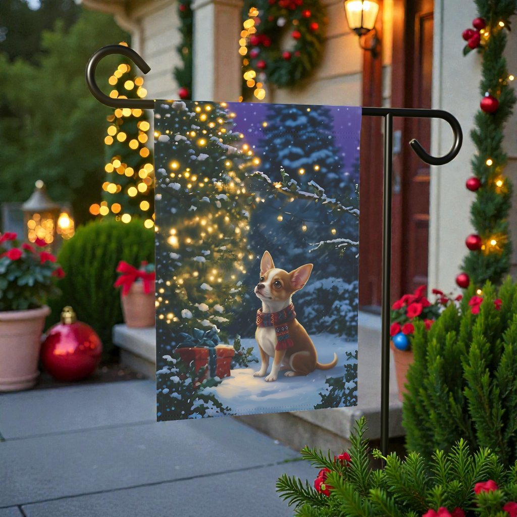 Standing By The Tree Chihuahua Garden Flag - lifestyle display - Dragonfire Gardens