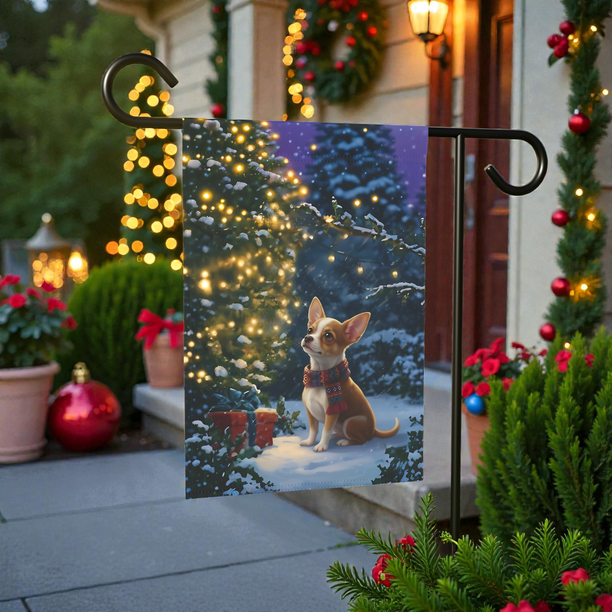 Standing By The Tree Chihuahua Garden Flag - lifestyle display - Dragonfire Gardens