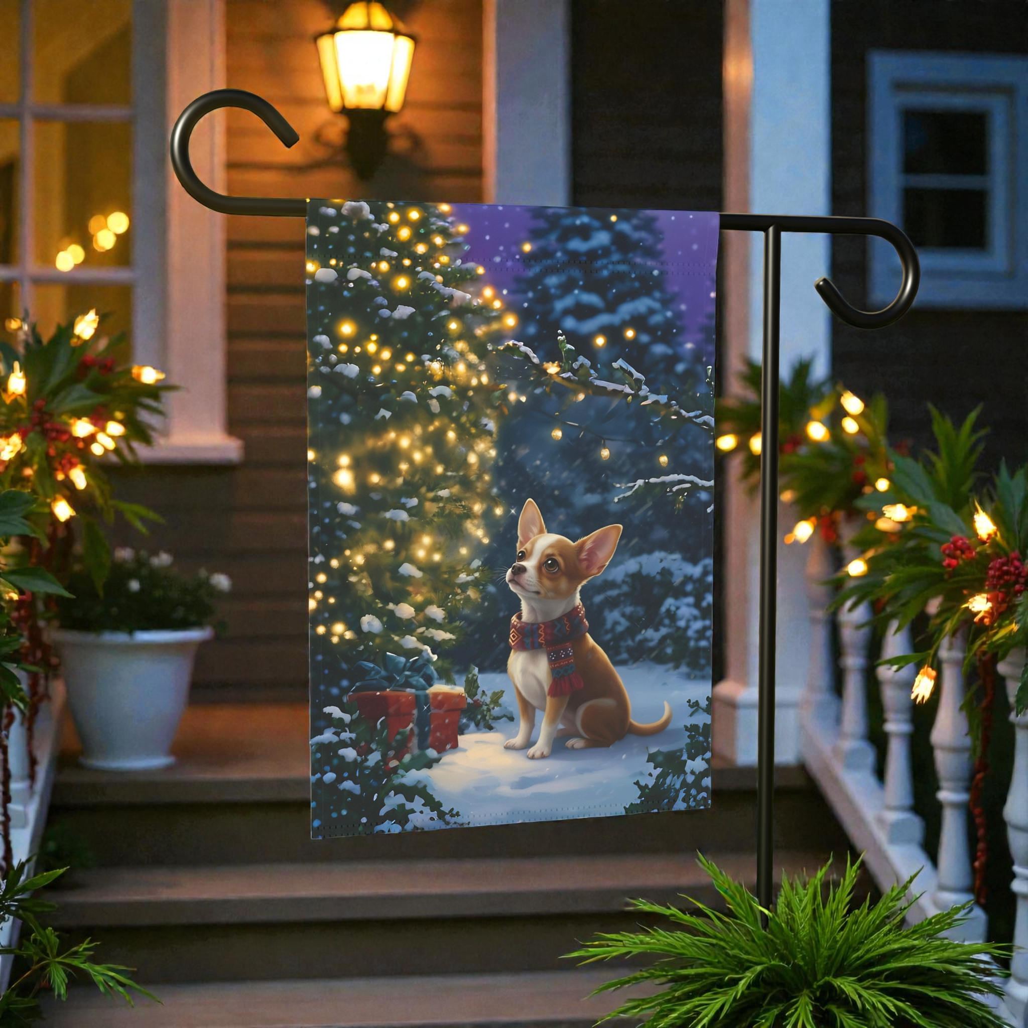 Standing By The Tree Chihuahua Garden Flag - front view - Dragonfire Gardens