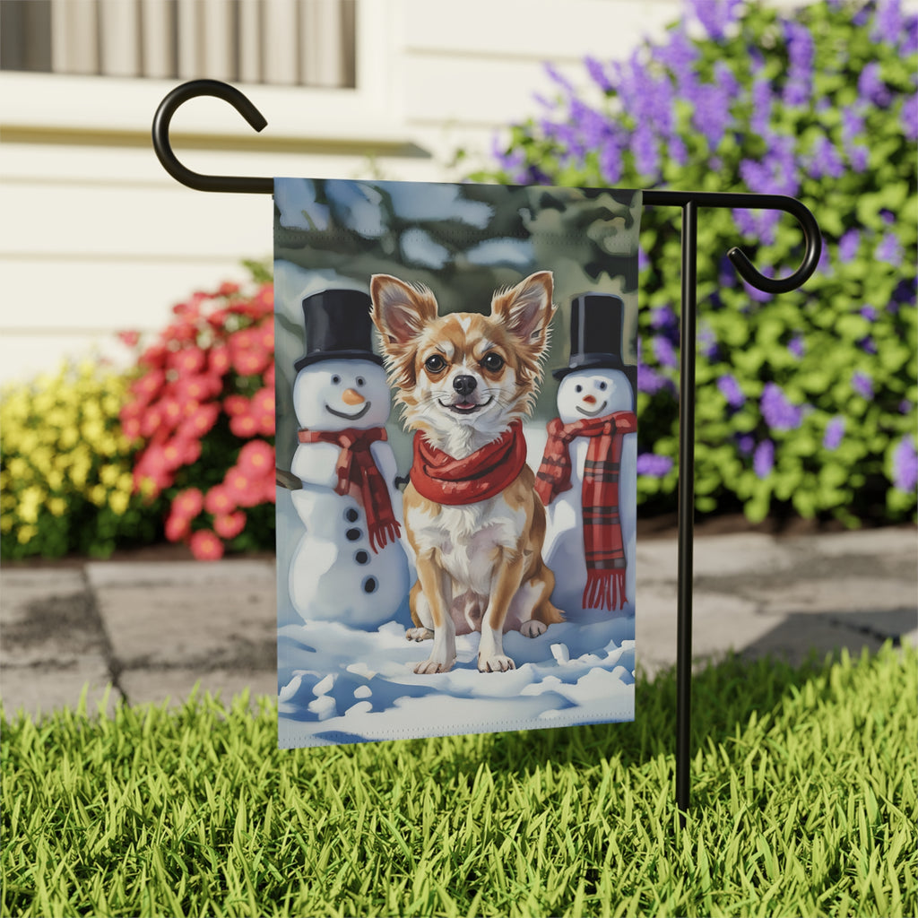 Chihuahua and Snowmen Christmas Garden Flag - outdoor display - Dragonfire Gardens