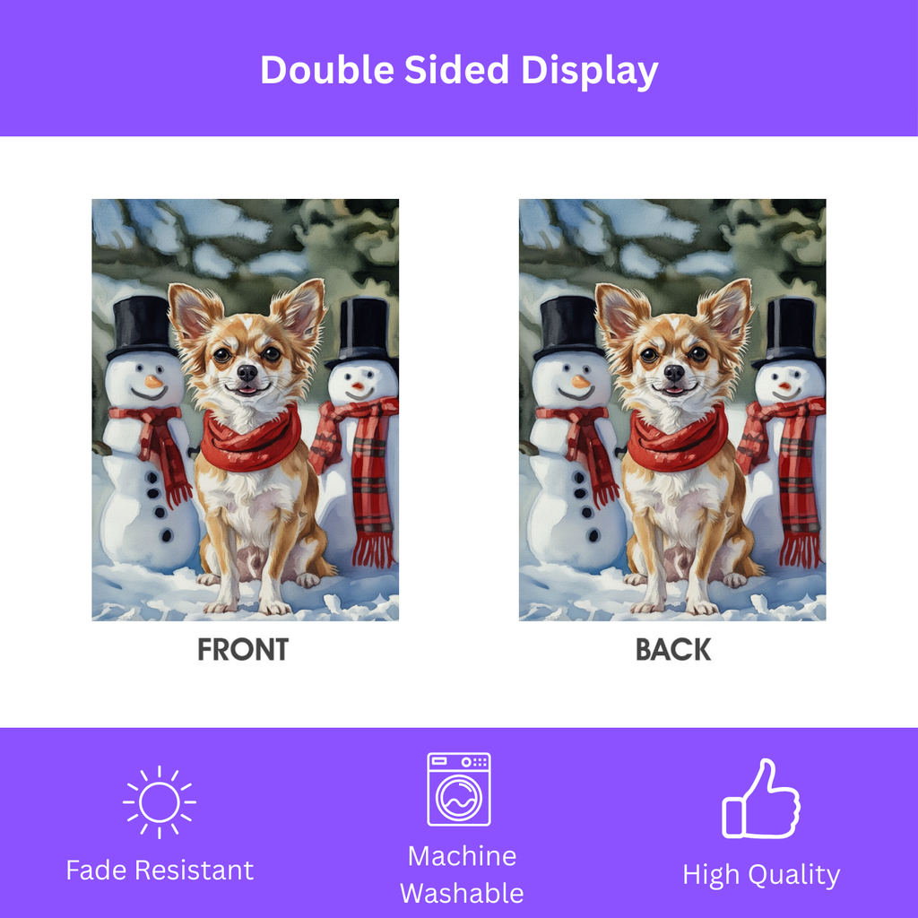 Chihuahua and Snowmen Christmas Garden Flag - double-sided design - Dragonfire Gardens