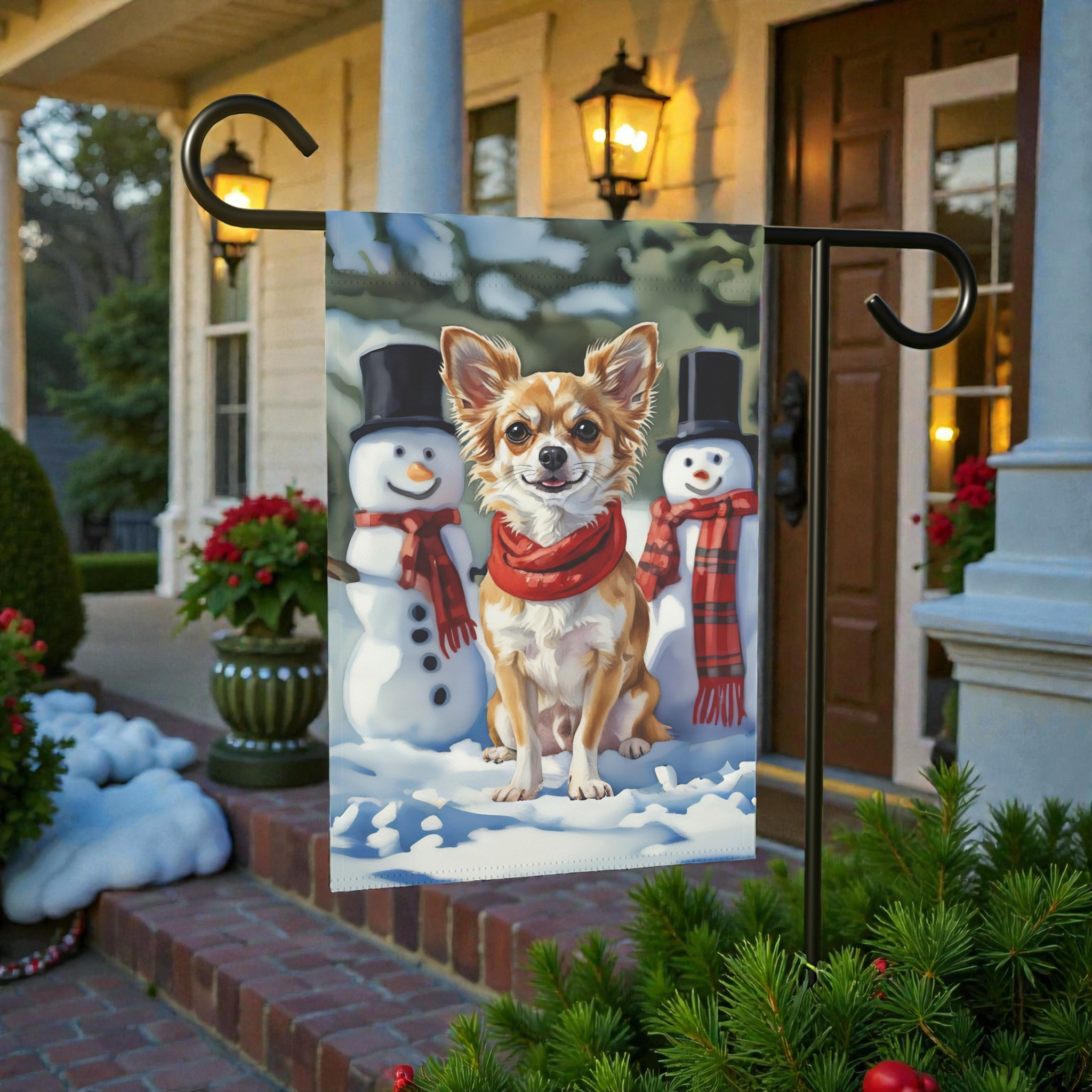 Chihuahua and Snowmen Christmas Garden Flag - product detail - Dragonfire Gardens