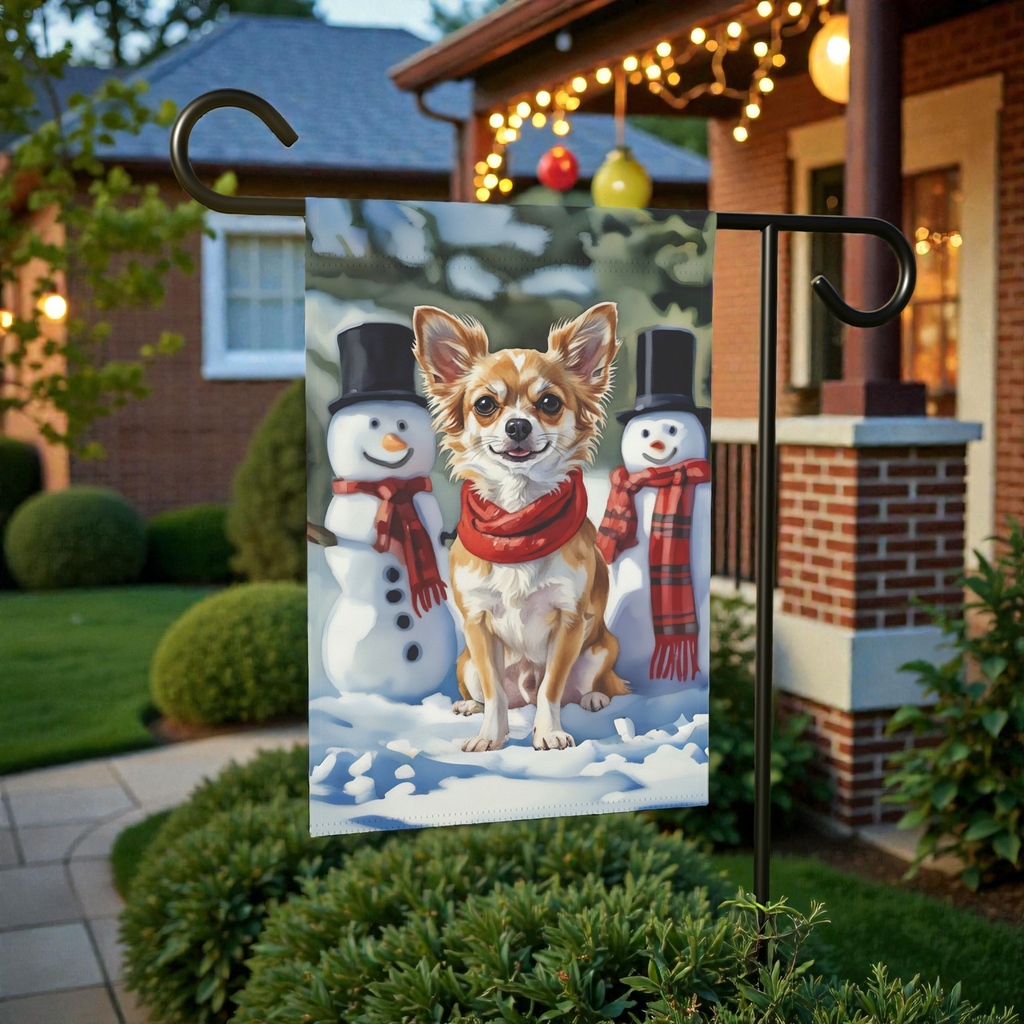 Chihuahua and Snowmen Christmas Garden Flag - size comparison - Dragonfire Gardens
