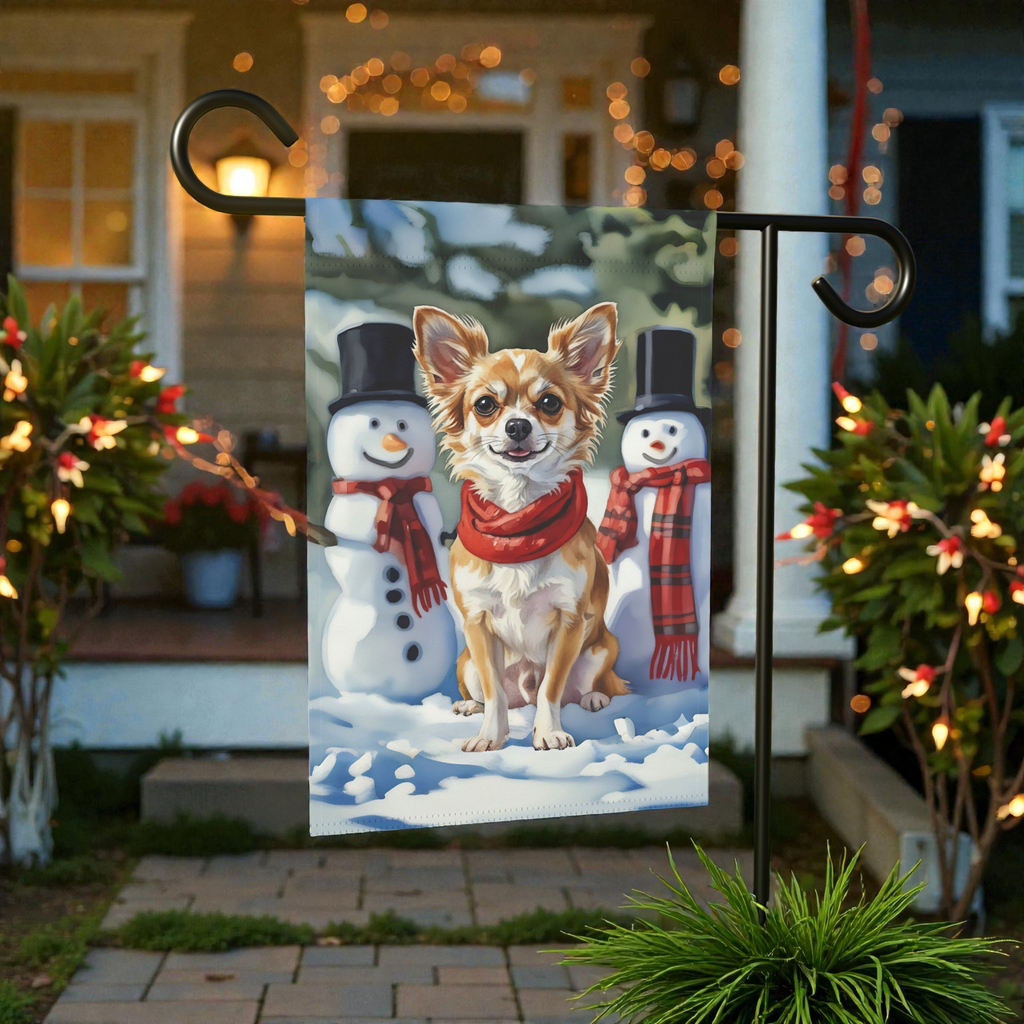 Chihuahua and Snowmen Christmas Garden Flag - lifestyle display - Dragonfire Gardens