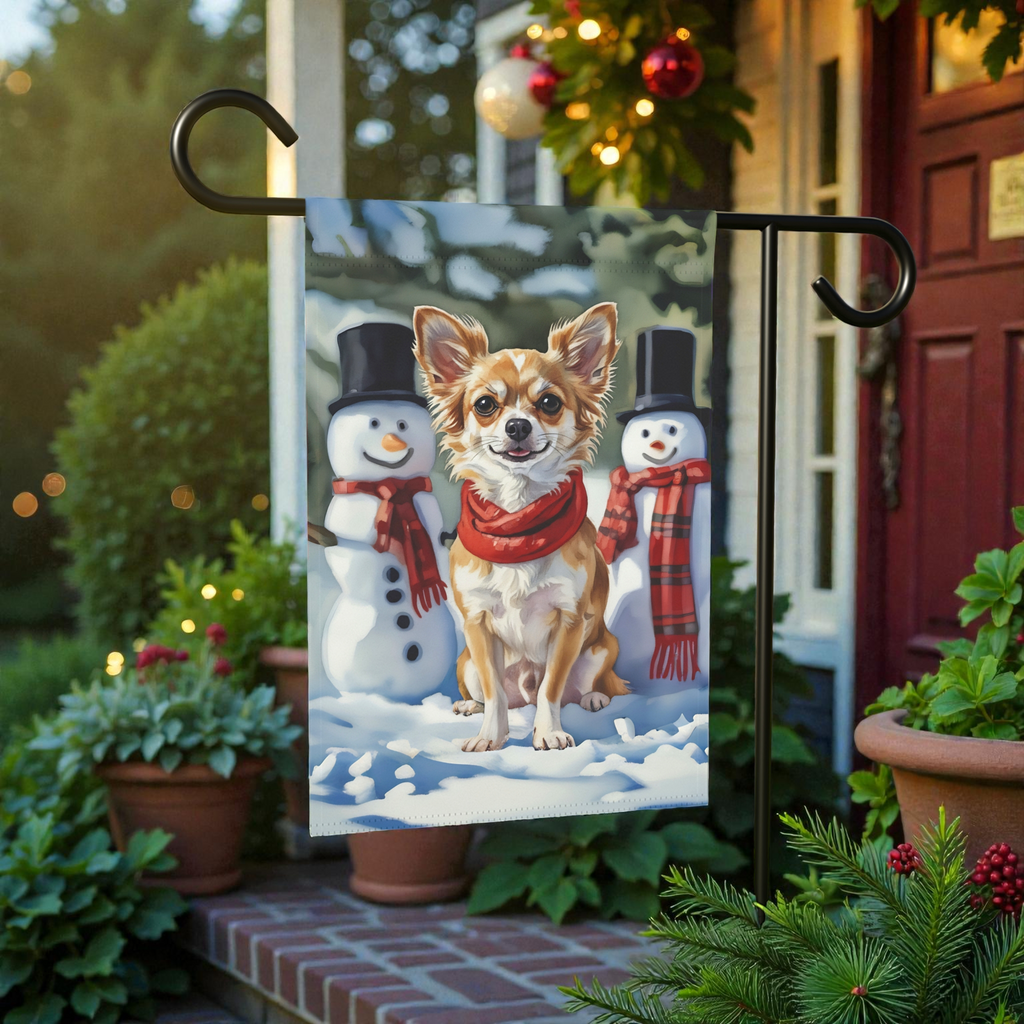 Chihuahua and Snowmen Christmas Garden Flag - front view - Dragonfire Gardens