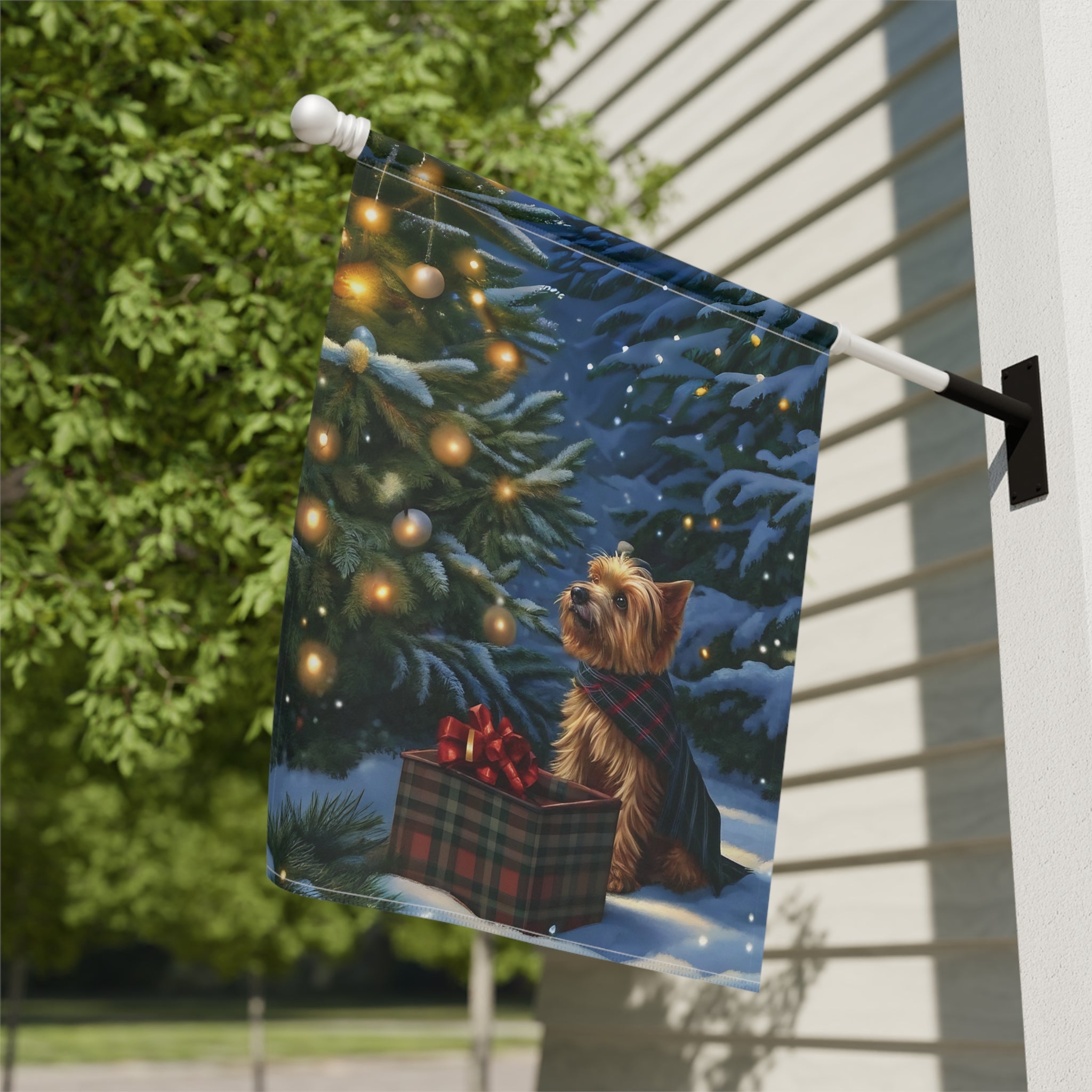 Yorkshire Terrier Christmas Present Garden Flag - close-up detail - Dragonfire Gardens