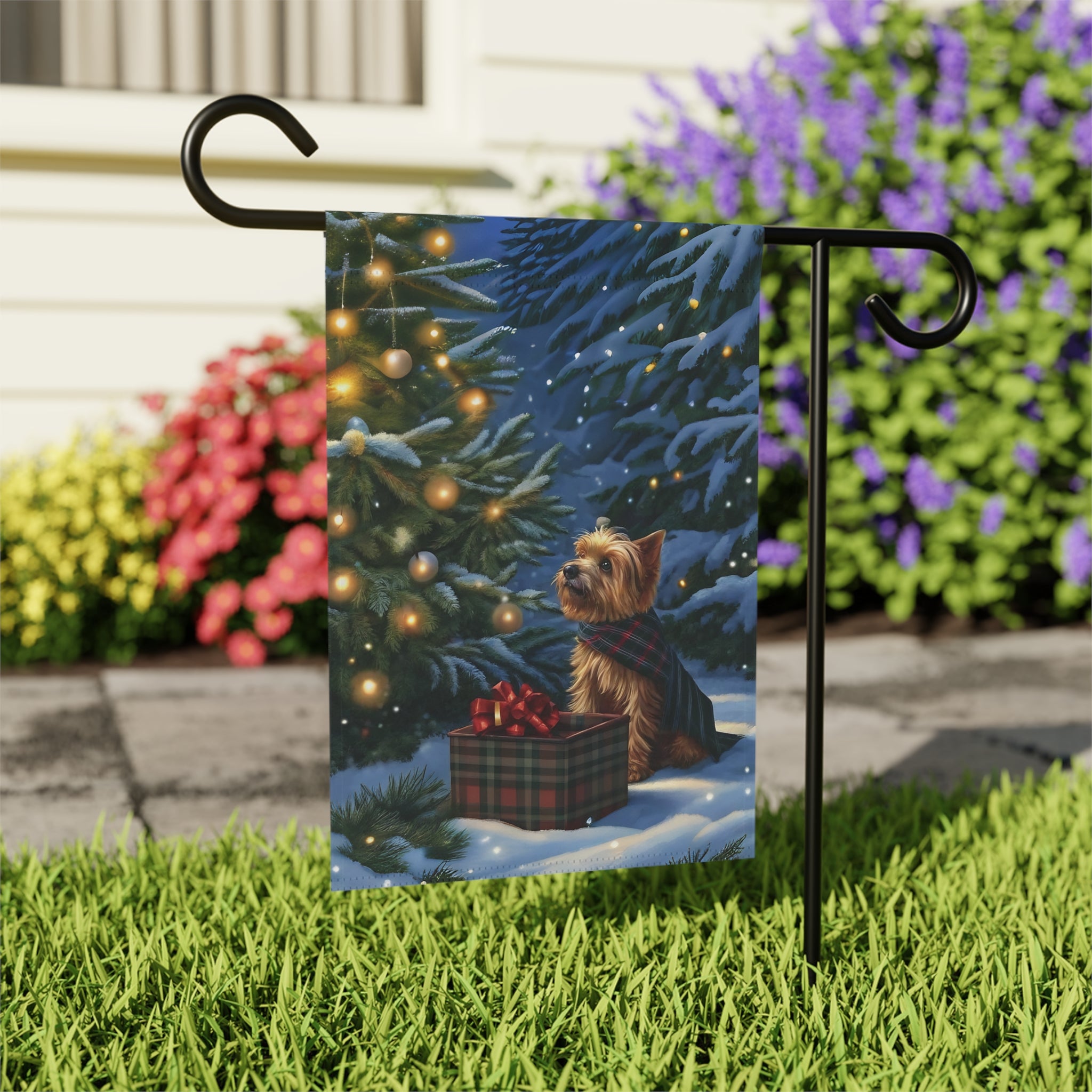 Yorkshire Terrier Christmas Present Garden Flag - outdoor display - Dragonfire Gardens