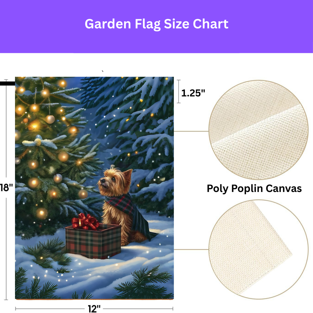 Yorkshire Terrier Christmas Present Garden Flag - porch decor - Dragonfire Gardens