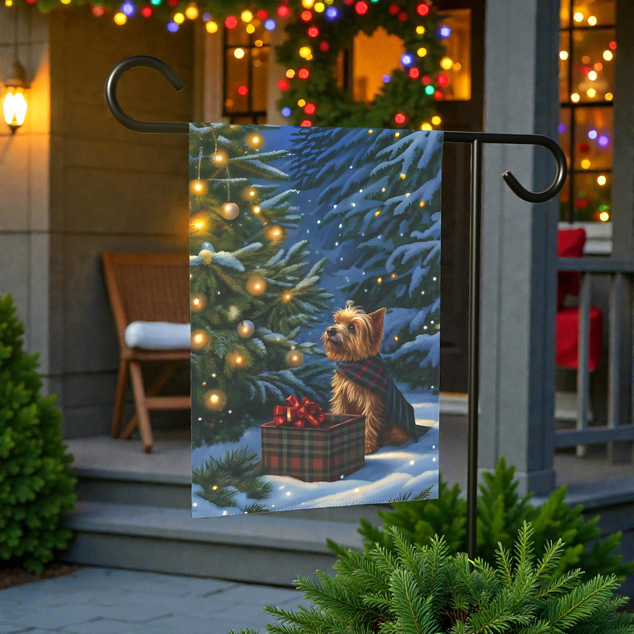 Yorkshire Terrier Christmas Present Garden Flag - lifestyle display - Dragonfire Gardens