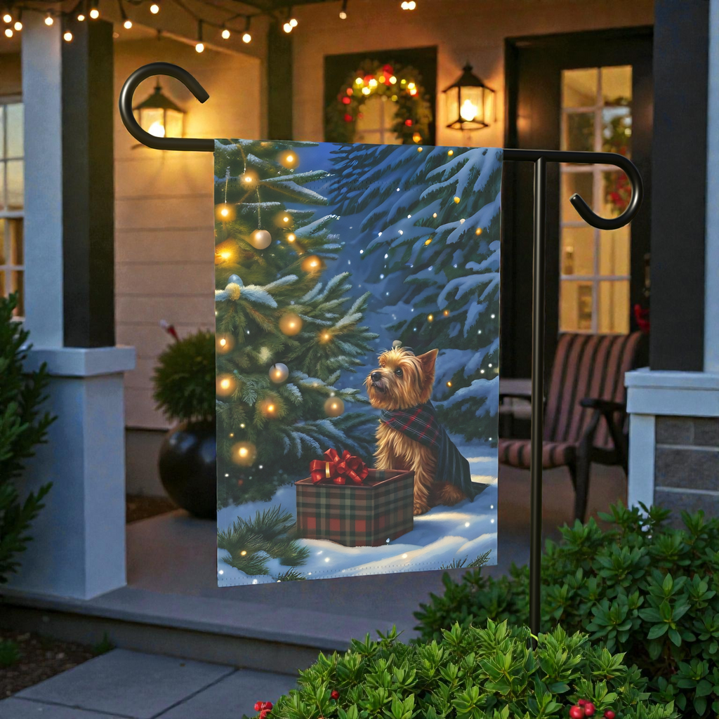 Yorkshire Terrier Christmas Present Garden Flag - size comparison - Dragonfire Gardens