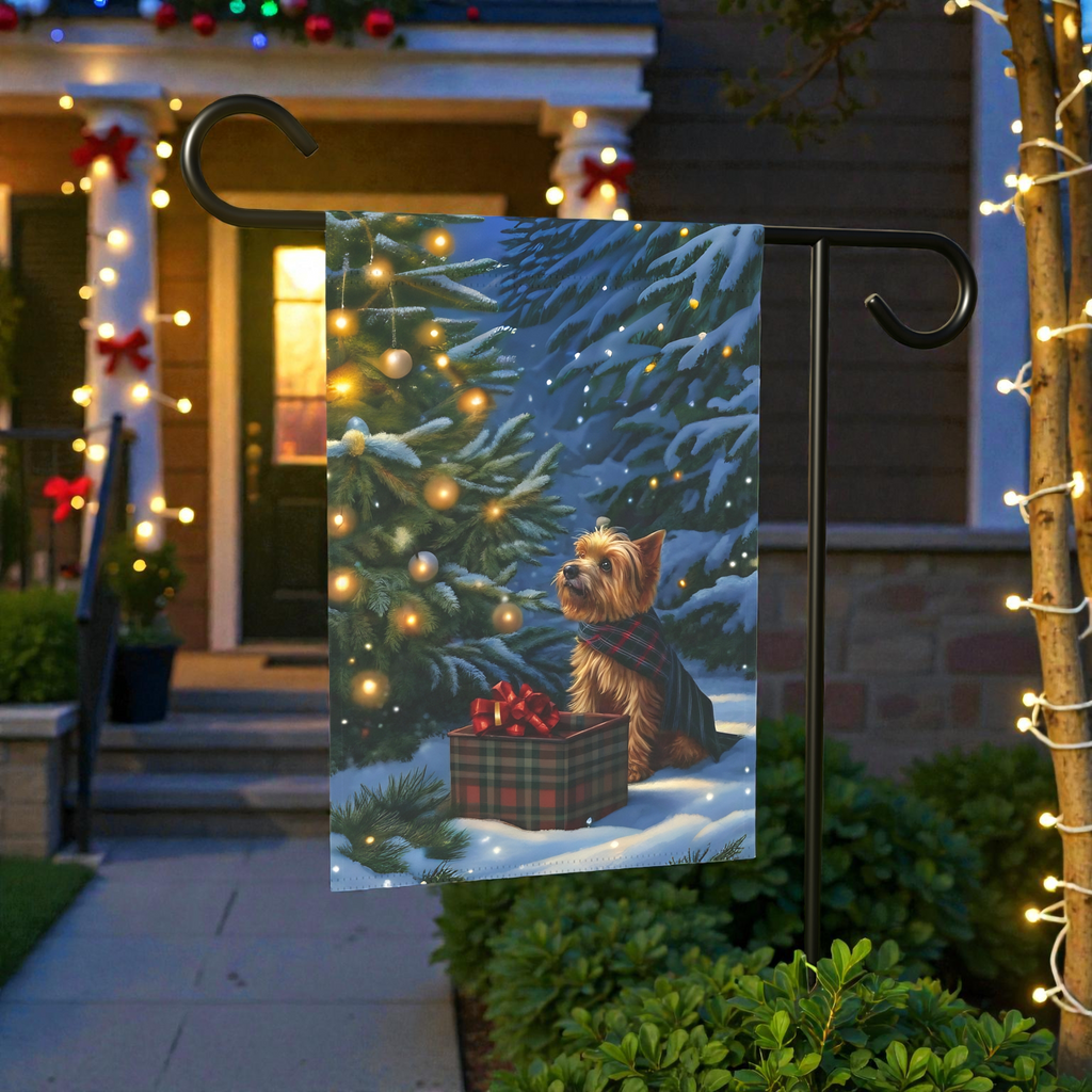 Yorkshire Terrier Christmas Present Garden Flag - product detail - Dragonfire Gardens
