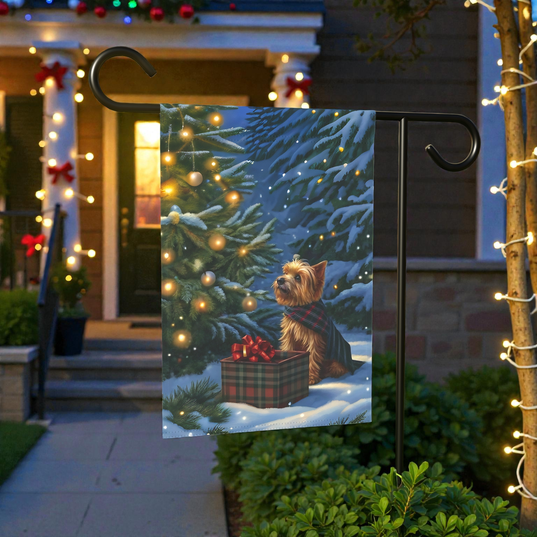 Yorkshire Terrier Christmas Present Garden Flag - product detail - Dragonfire Gardens