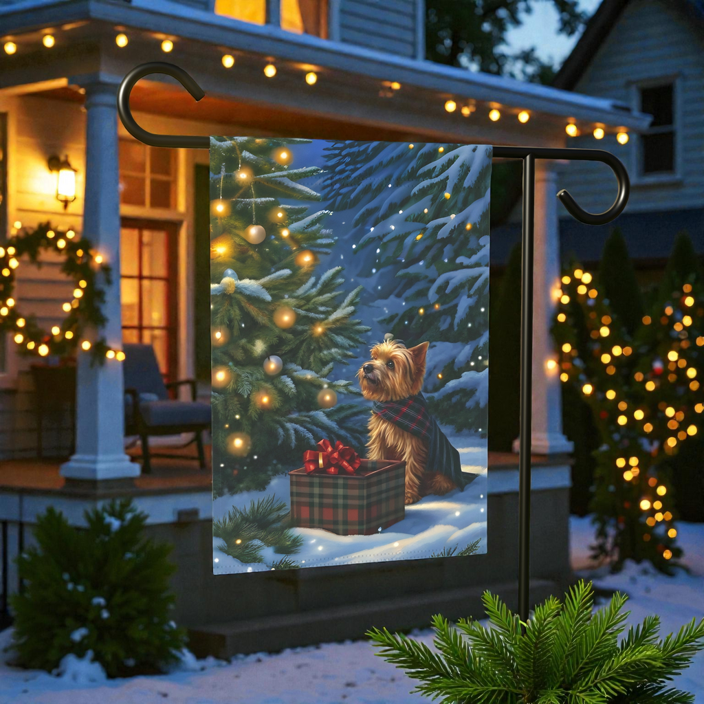 Yorkshire Terrier Christmas Present Garden Flag - front view - Dragonfire Gardens