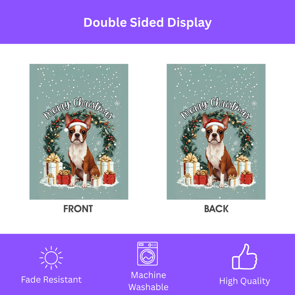 Merry Christmas Red Boston Terrier Garden Flag - double-sided design - Dragonfire Gardens