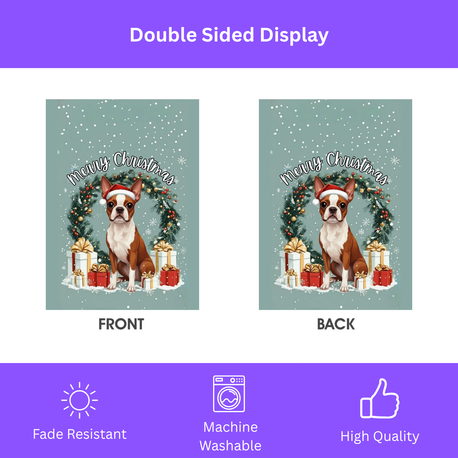 Merry Christmas Red Boston Terrier Garden Flag - double-sided design - Dragonfire Gardens