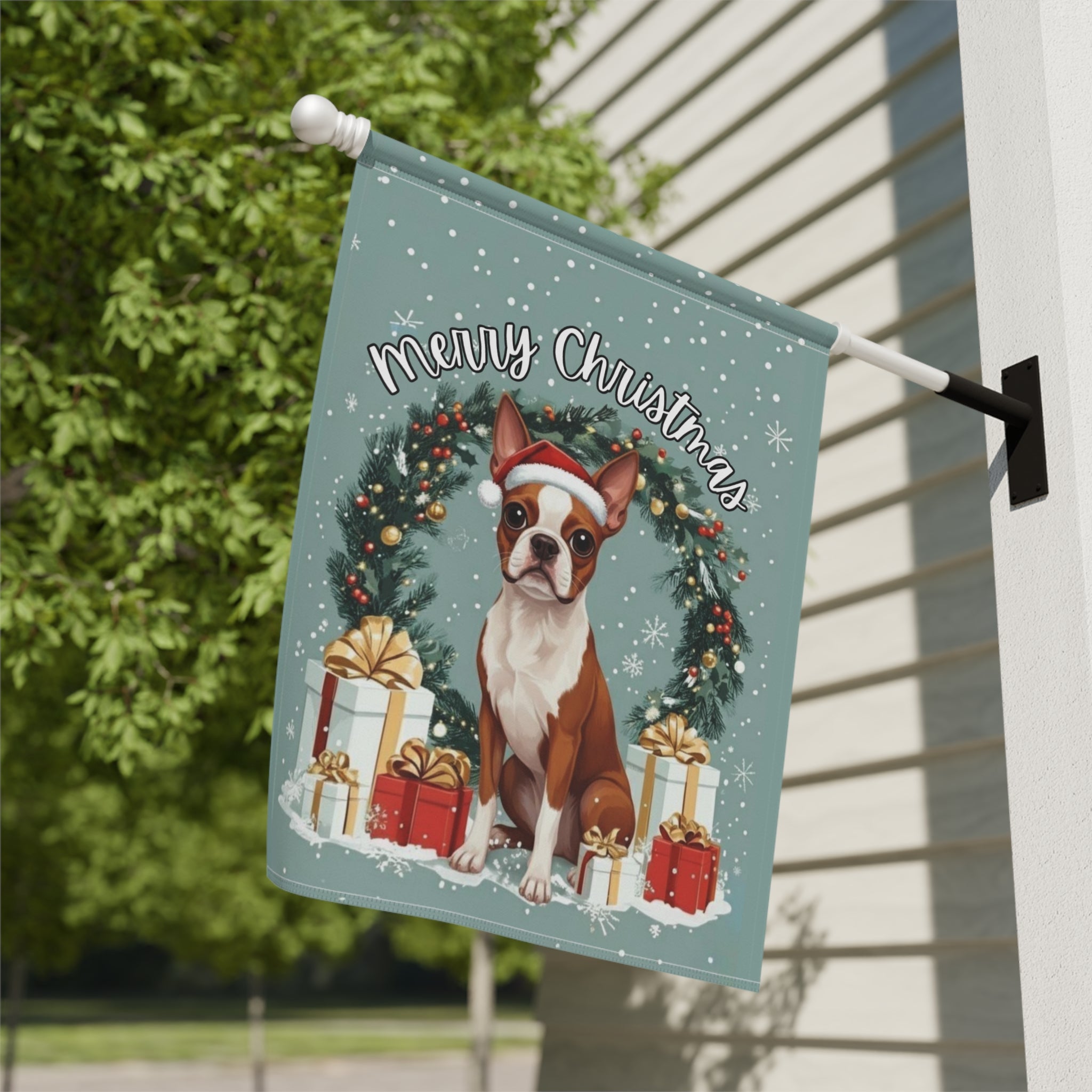 Merry Christmas Red Boston Terrier Garden Flag - close-up detail - Dragonfire Gardens