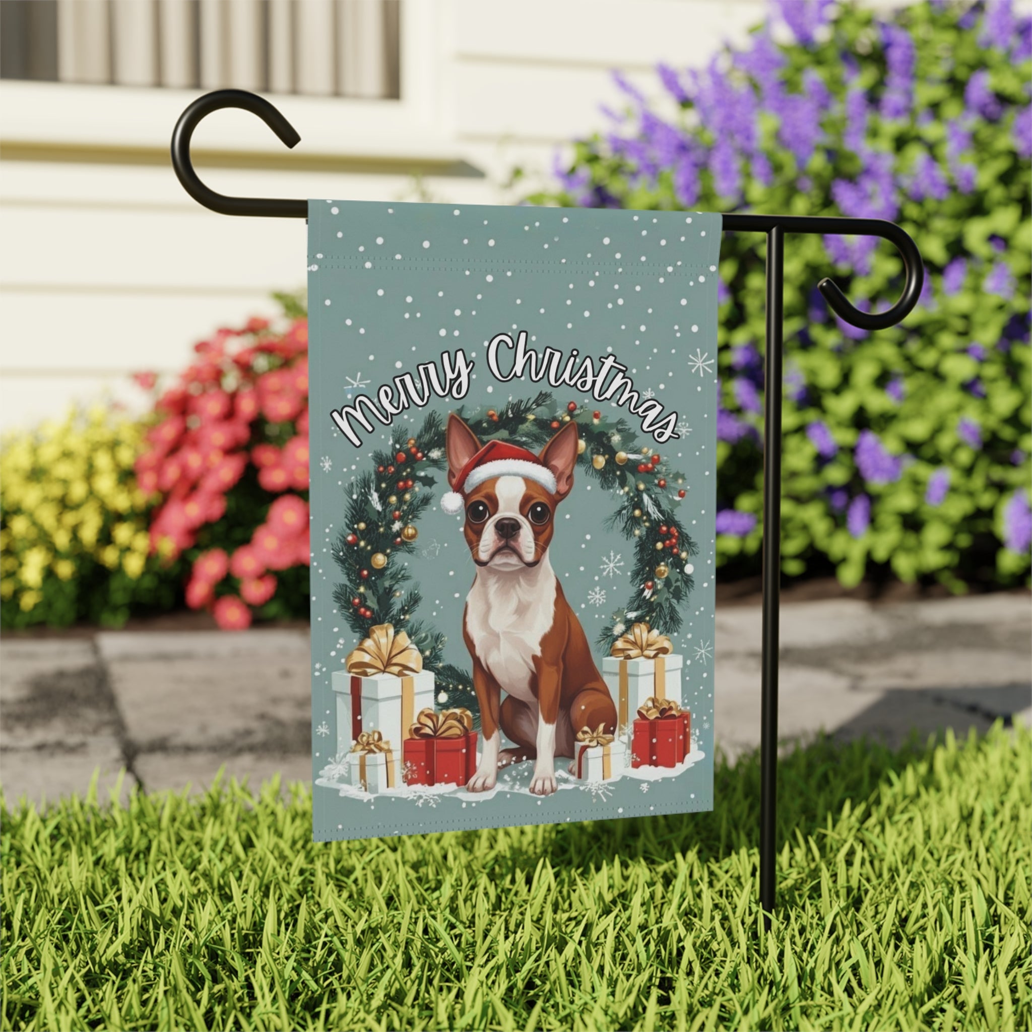 Merry Christmas Red Boston Terrier Garden Flag - outdoor display - Dragonfire Gardens