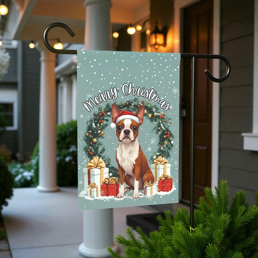 Merry Christmas Red Boston Terrier Garden Flag - front view - Dragonfire Gardens