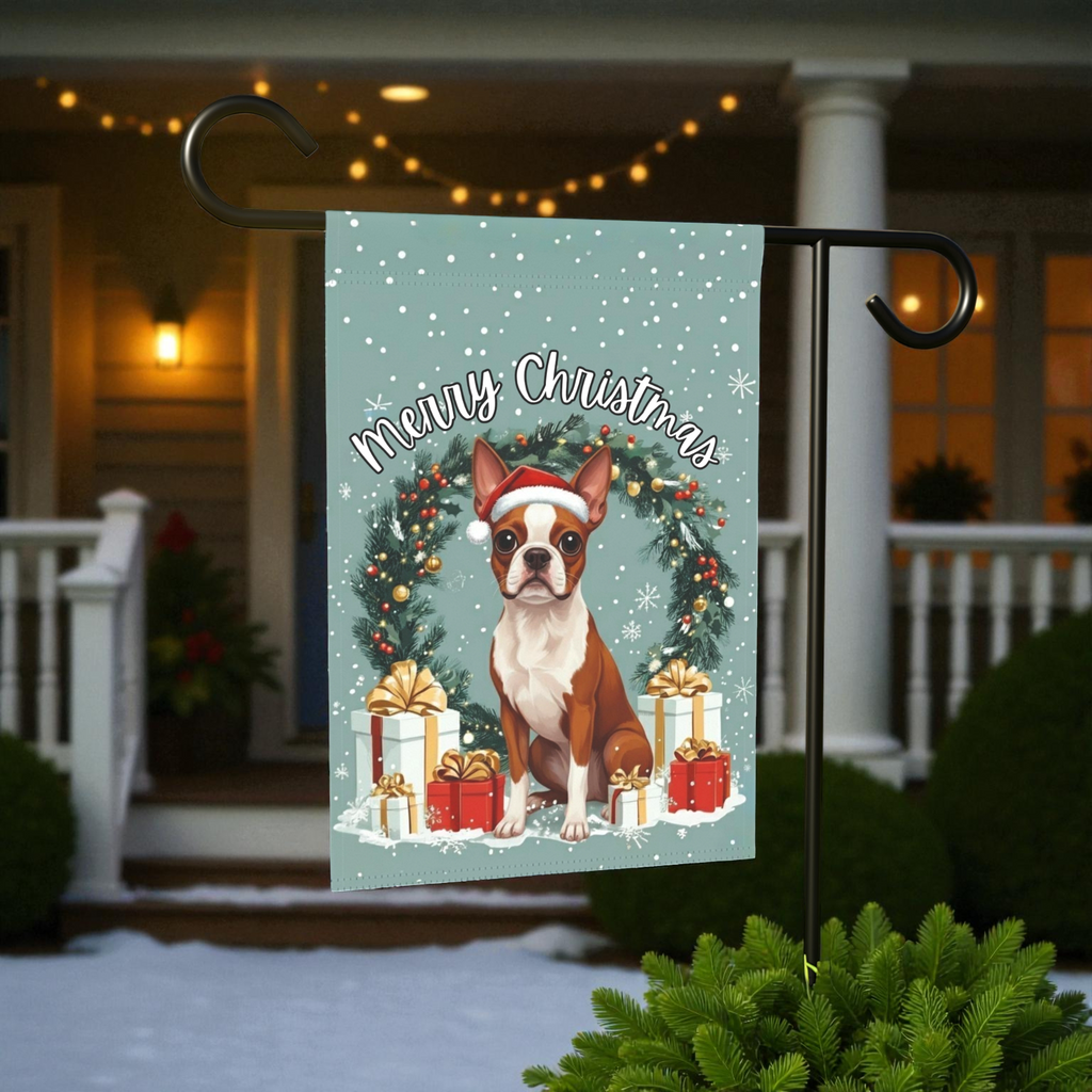 Merry Christmas Red Boston Terrier Garden Flag - size comparison - Dragonfire Gardens