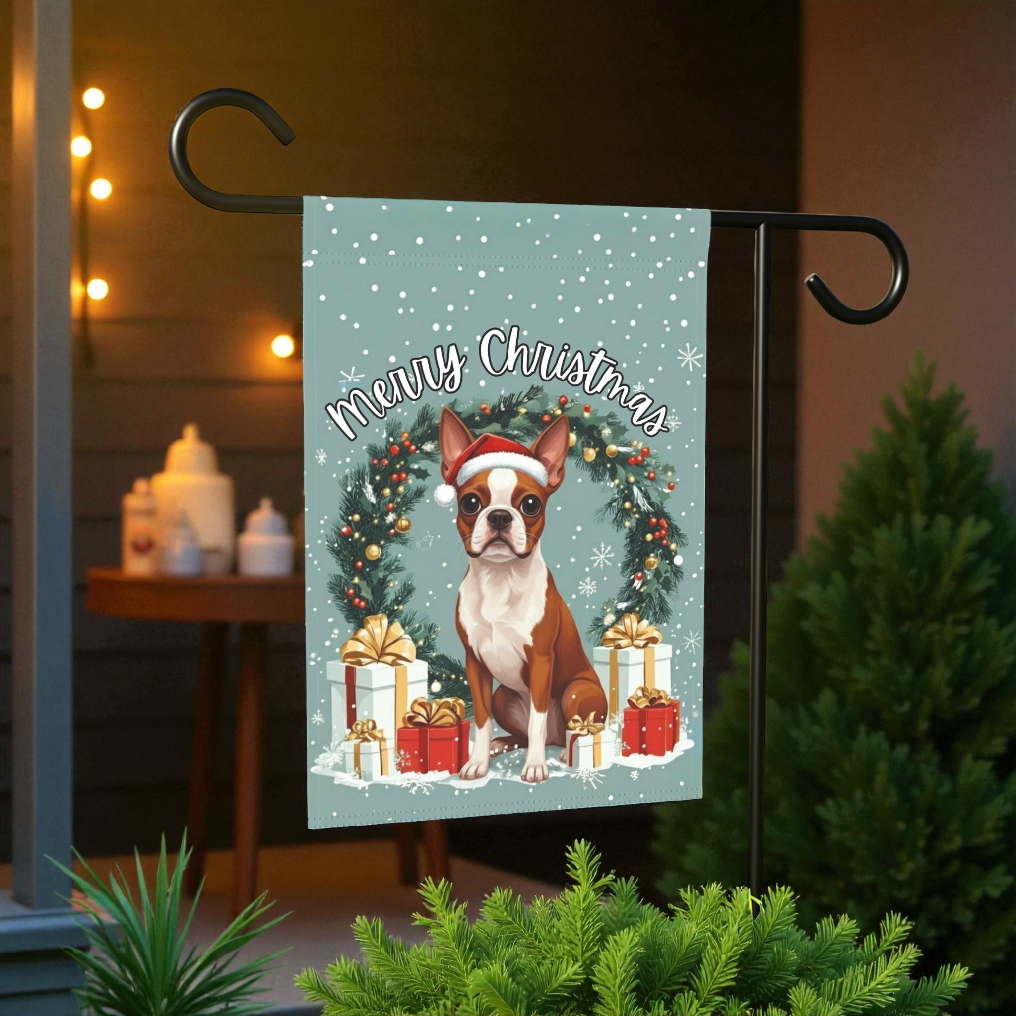 Merry Christmas Red Boston Terrier Garden Flag - lifestyle display - Dragonfire Gardens