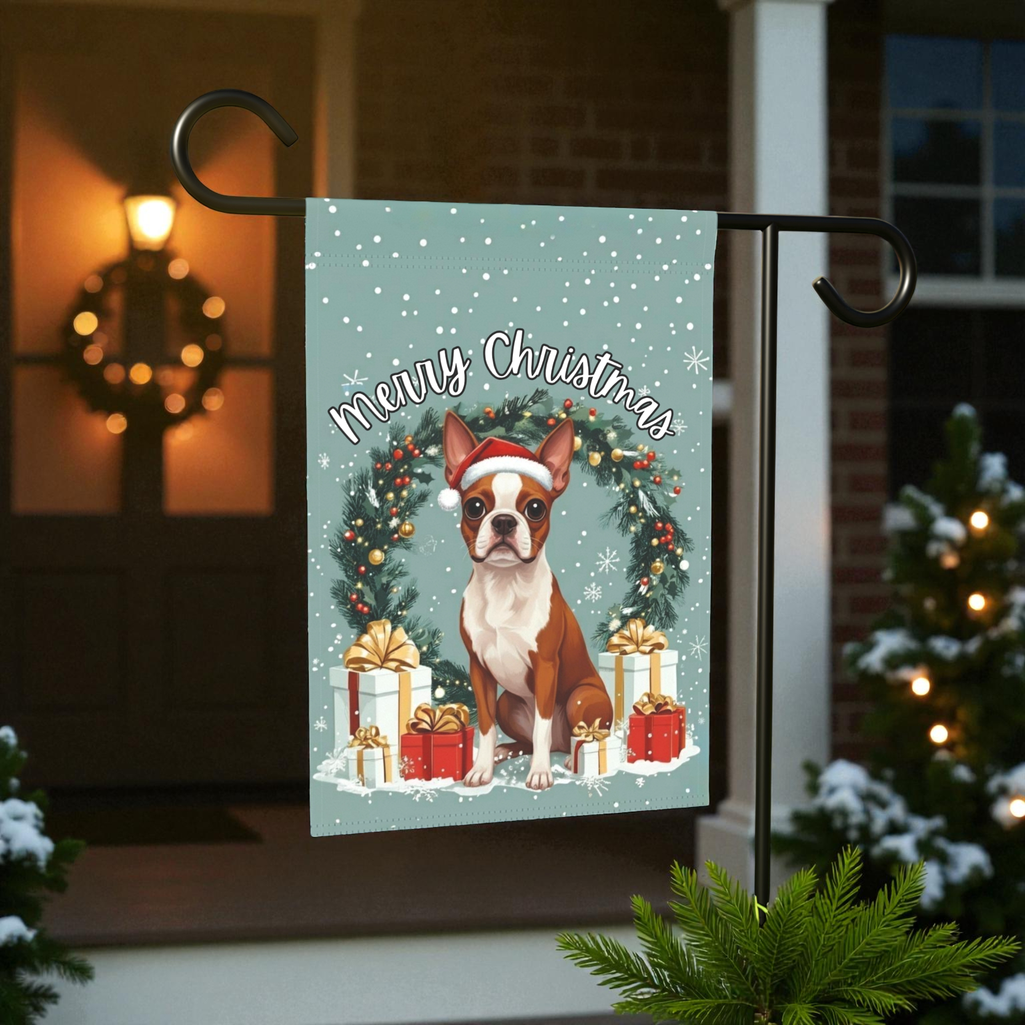 Merry Christmas Red Boston Terrier Garden Flag - product detail - Dragonfire Gardens