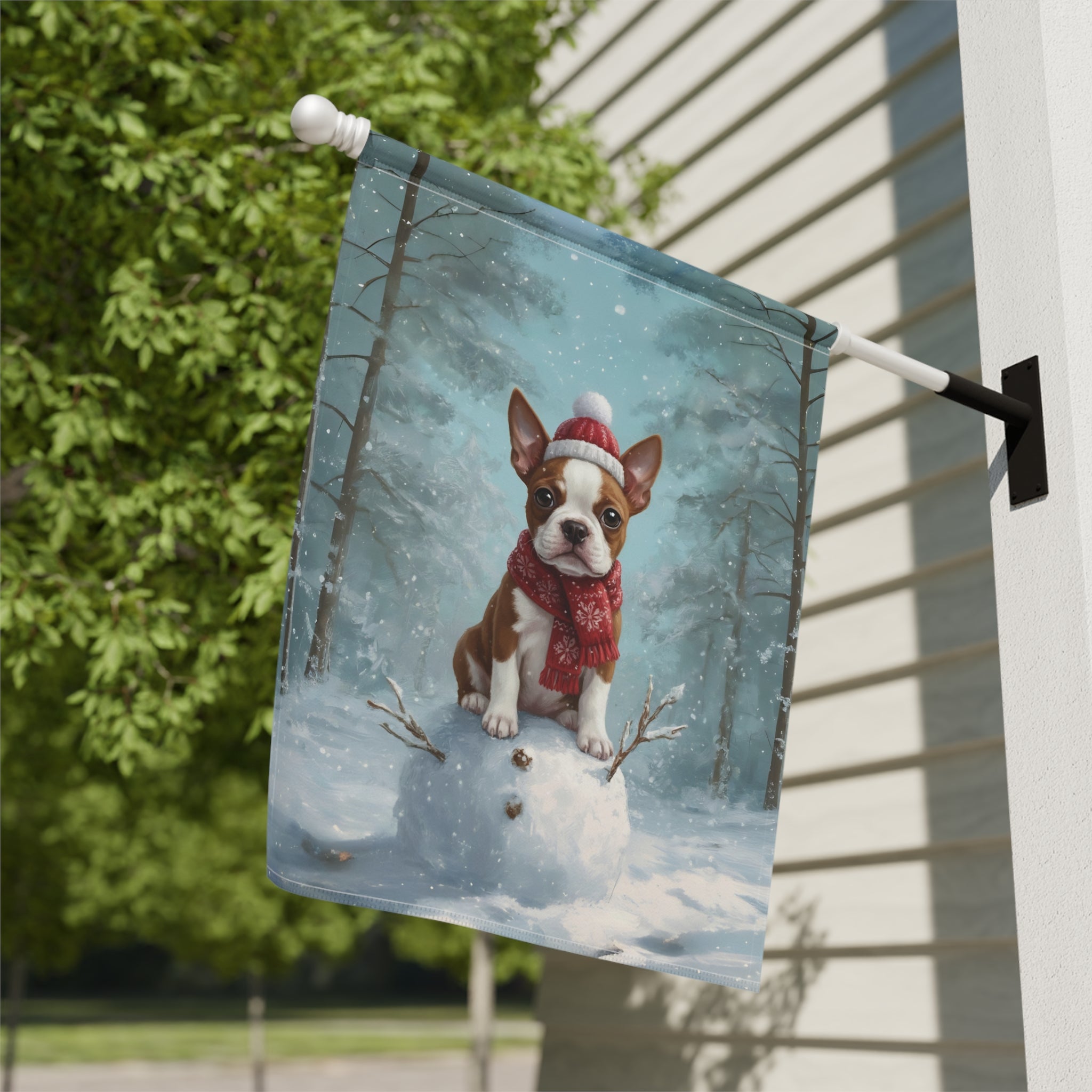Making a Snowman Red Boston Terrier Puppy Garden Flag