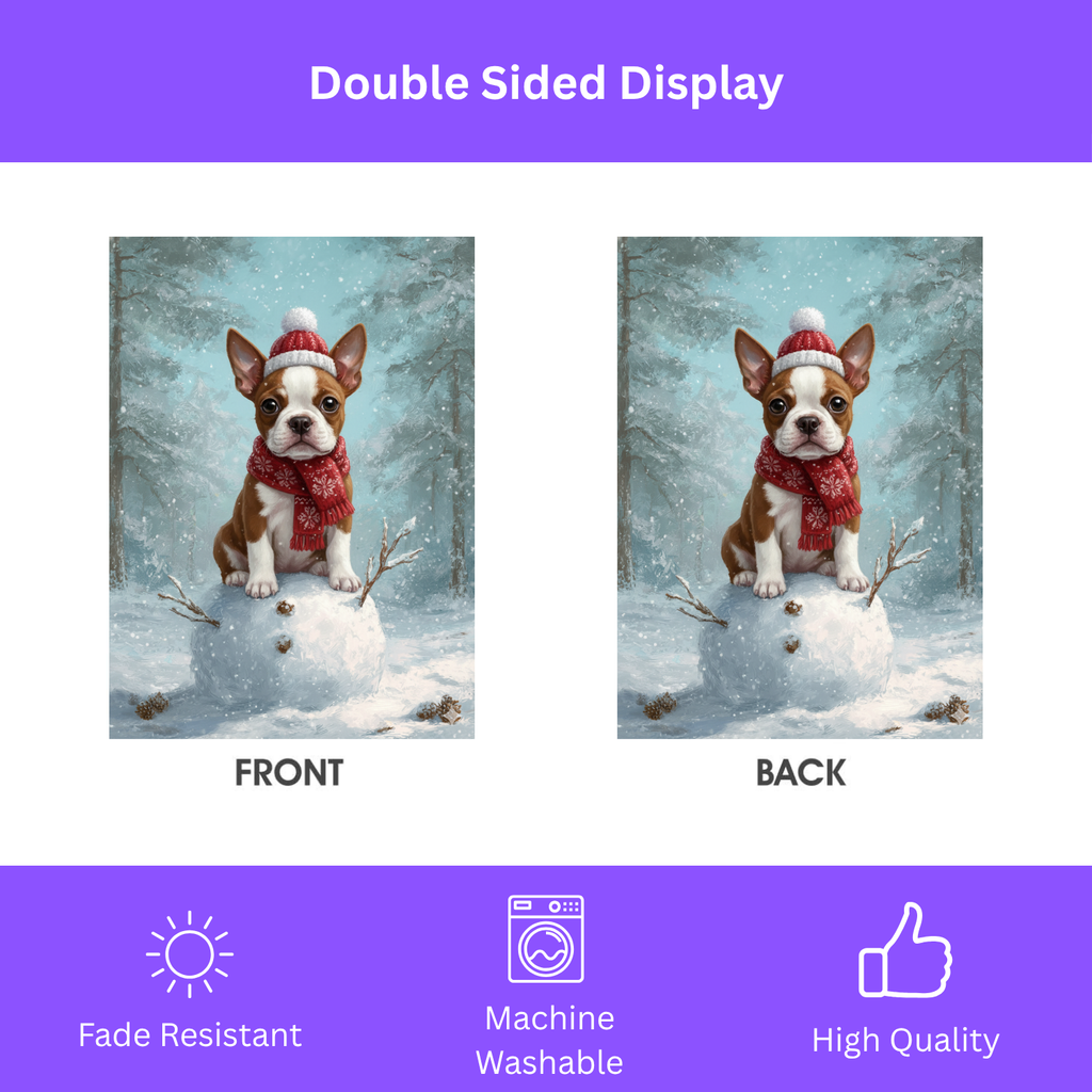 Making a Snowman Red Boston Terrier Puppy Garden Flag - double-sided design - Dragonfire Gardens