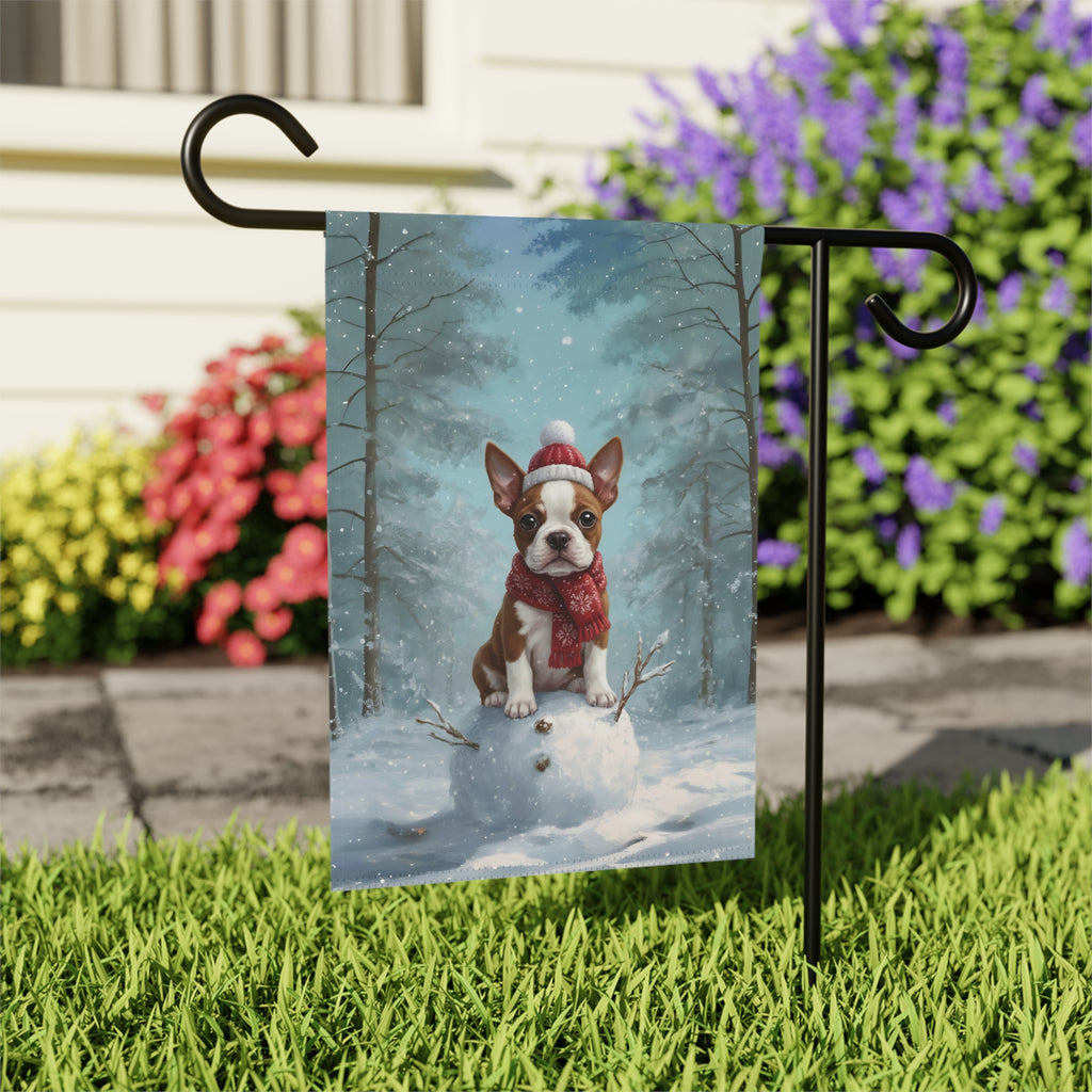 Making a Snowman Red Boston Terrier Puppy Garden Flag - outdoor display - Dragonfire Gardens