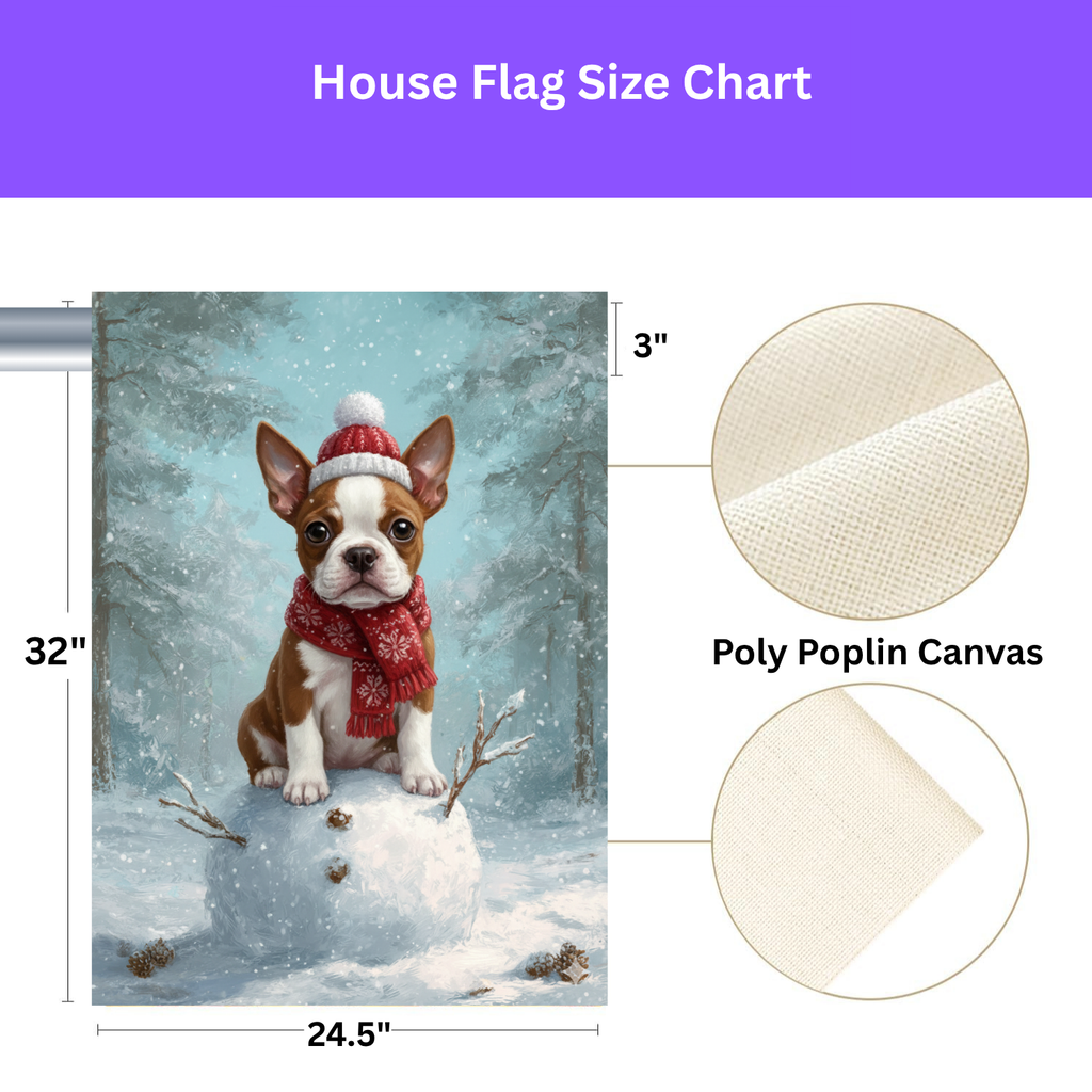 Making a Snowman Red Boston Terrier Puppy Garden Flag - yard display - Dragonfire Gardens