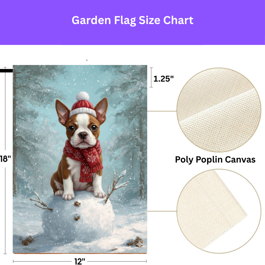 Making a Snowman Red Boston Terrier Puppy Garden Flag - porch decor - Dragonfire Gardens