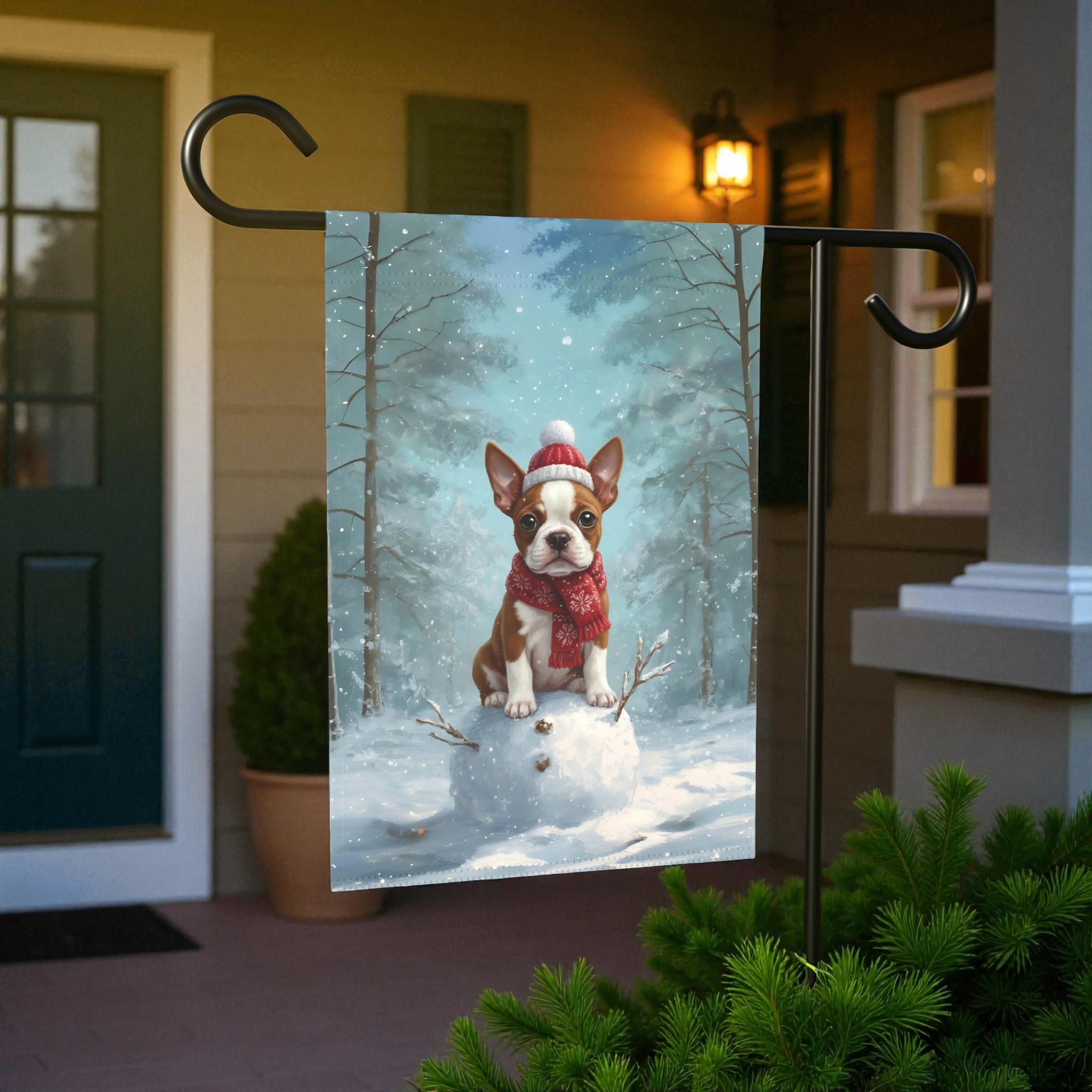 Making a Snowman Red Boston Terrier Puppy Garden Flag - product detail - Dragonfire Gardens