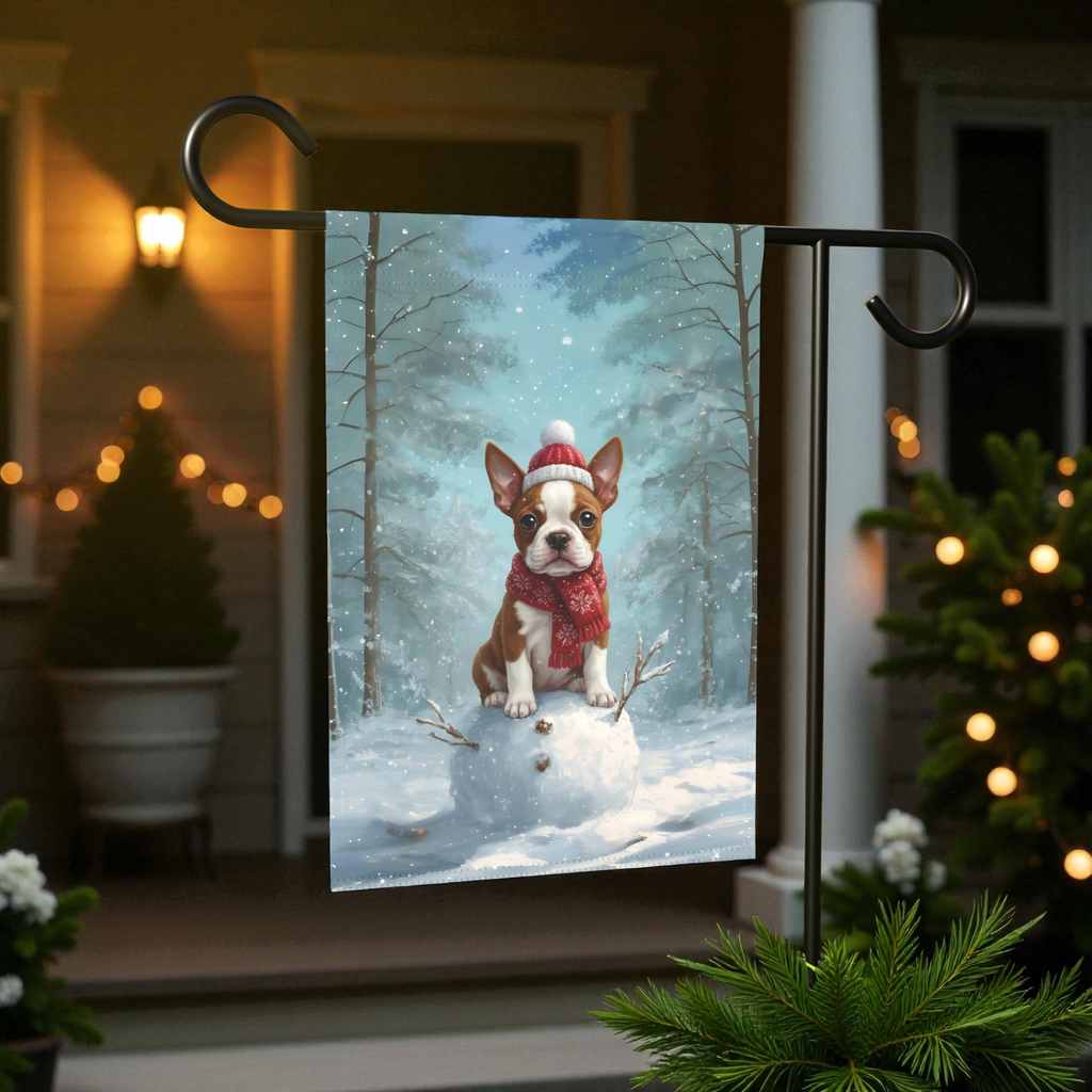 Making a Snowman Red Boston Terrier Puppy Garden Flag - size comparison - Dragonfire Gardens