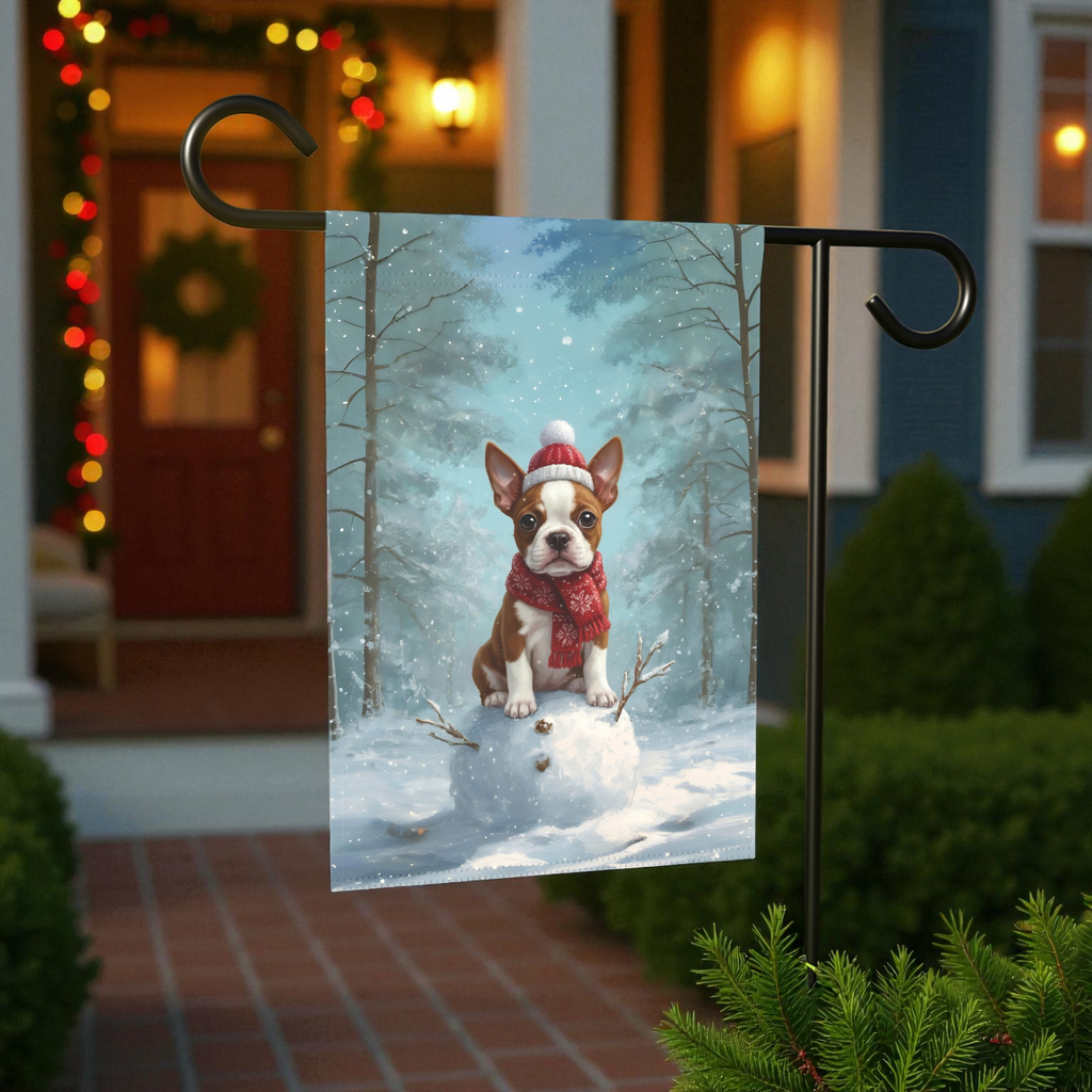 Making a Snowman Red Boston Terrier Puppy Garden Flag - front view - Dragonfire Gardens