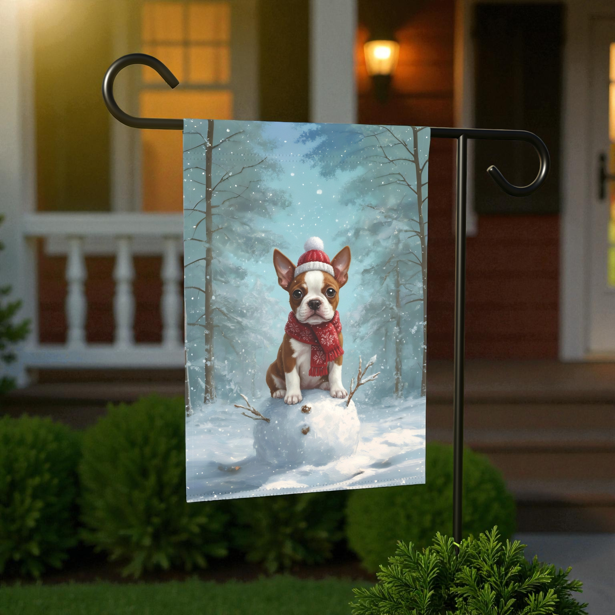 Making a Snowman Red Boston Terrier Puppy Garden Flag - lifestyle display - Dragonfire Gardens