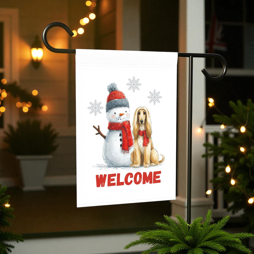 Afghan Hound and Snowman Welcome Garden Flag - size comparison - Dragonfire Gardens