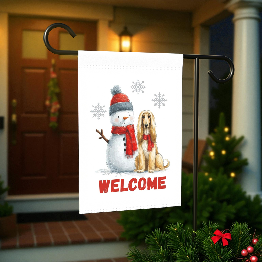 Afghan Hound and Snowman Welcome Garden Flag - lifestyle display - Dragonfire Gardens